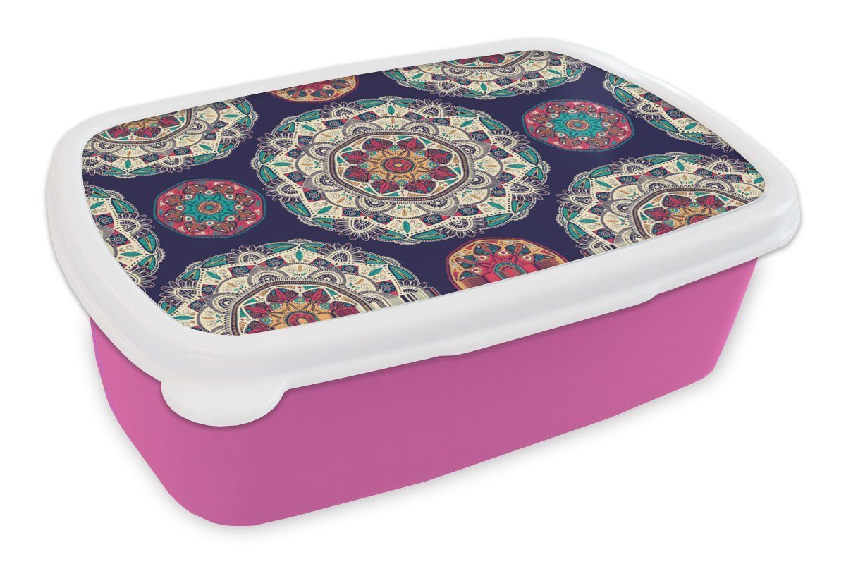 MuchoWow Lunchbox Bohème - Mandala - Muster, Kunststoff, (2-tlg), Brotbox für Erwachsene, Brotdose Kinder, Snackbox, Mädchen, Kunststoff rosa