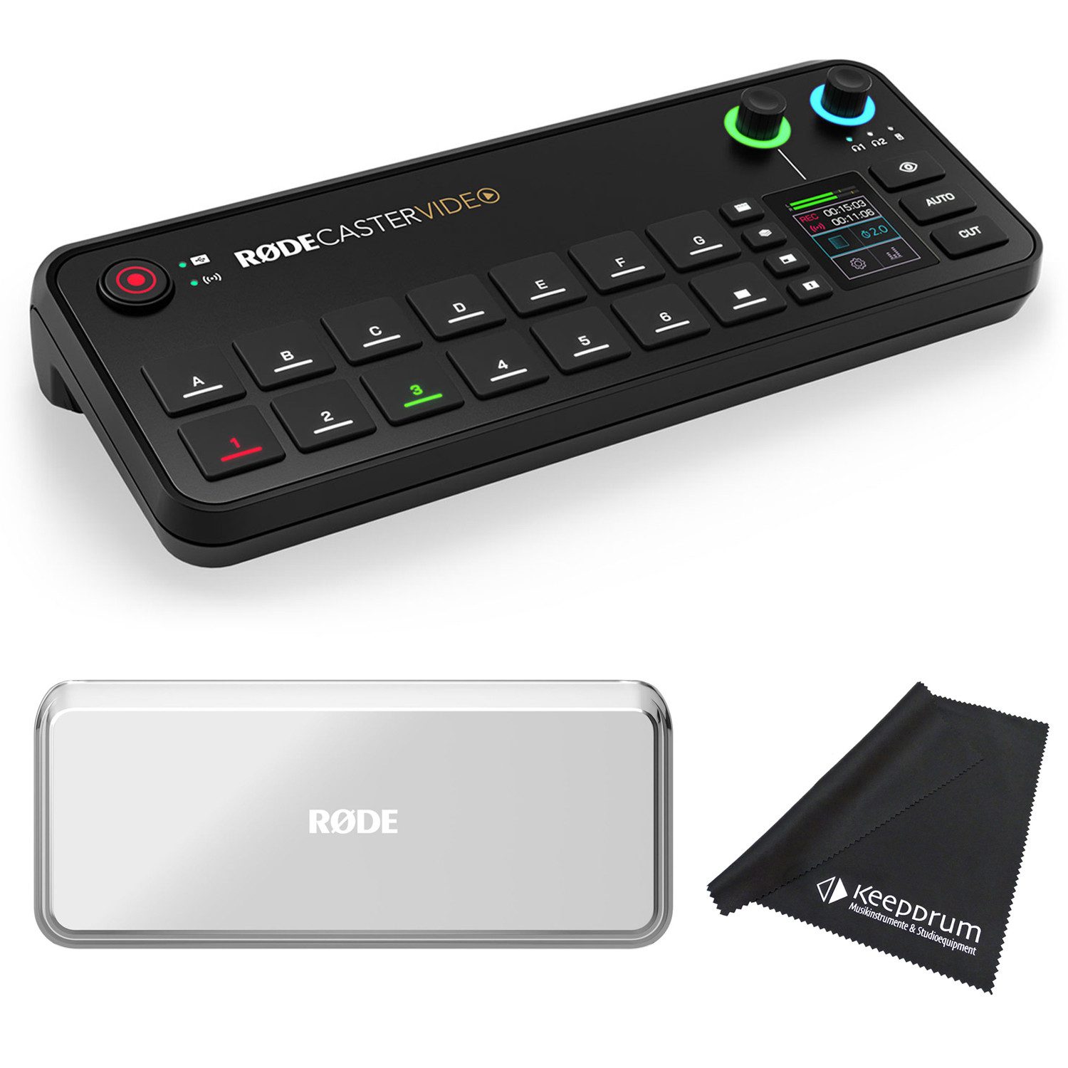 RØDE Rode Rodecaster Video Konsole für Audio- und Video mit Abdeckung Digitales Aufnahmegerät (Vorteils-Set mit Schutz-Abdeckung und Tuch)