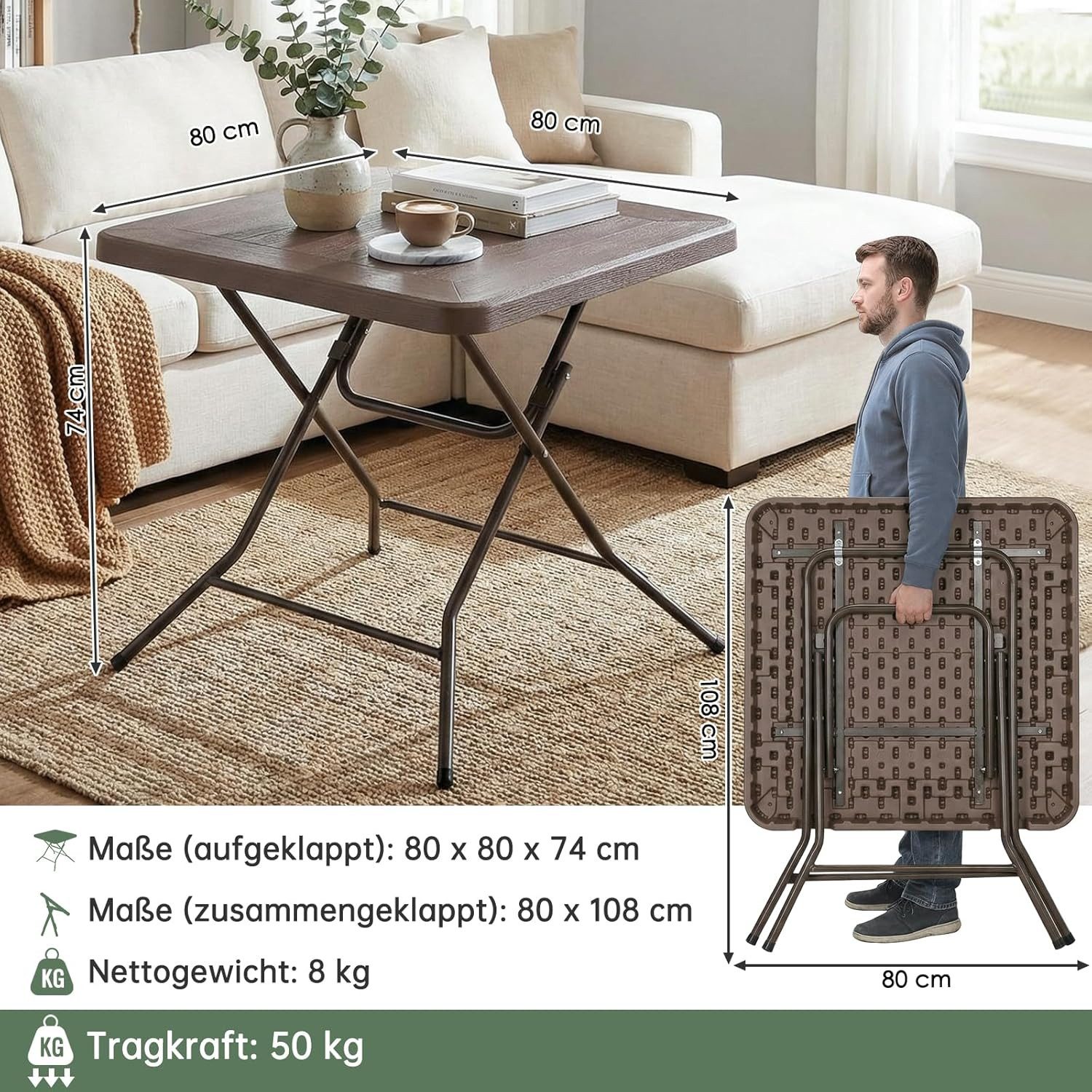 TLGREEN Gartentisch Buffettisch Klappbar 80*80*74cm (Holz-Optik Balkontisch mit Stahlrahmen, Wetterfest Campingtisch, Tragbarer Klein Esstisch), für Garten, Terrasse, Picknick & Party, Hohe Stabilität