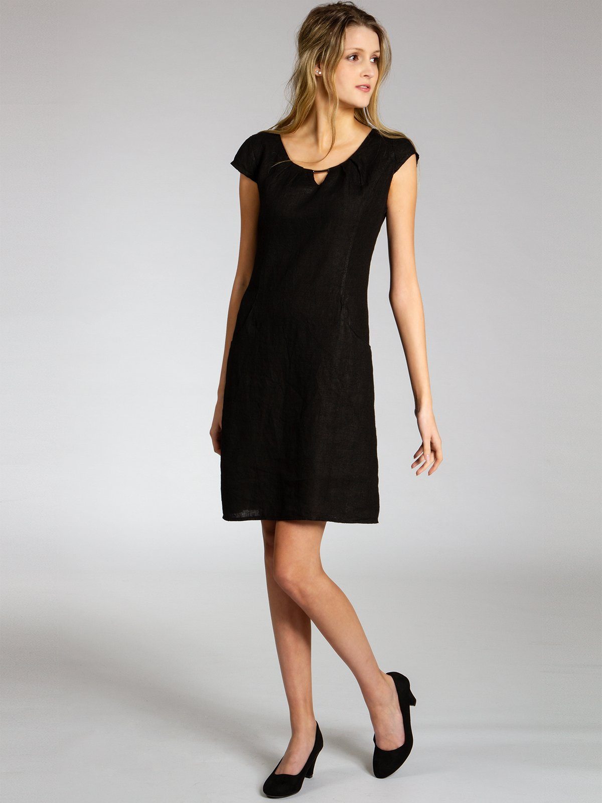 Caspar Sommerkleid SKL020 knielanges Damen Sommer Leinenkleid mit eleganter Metallspange Luftig leicht, figurumspielende Form, mit seitlichem Jersey-Einsatz