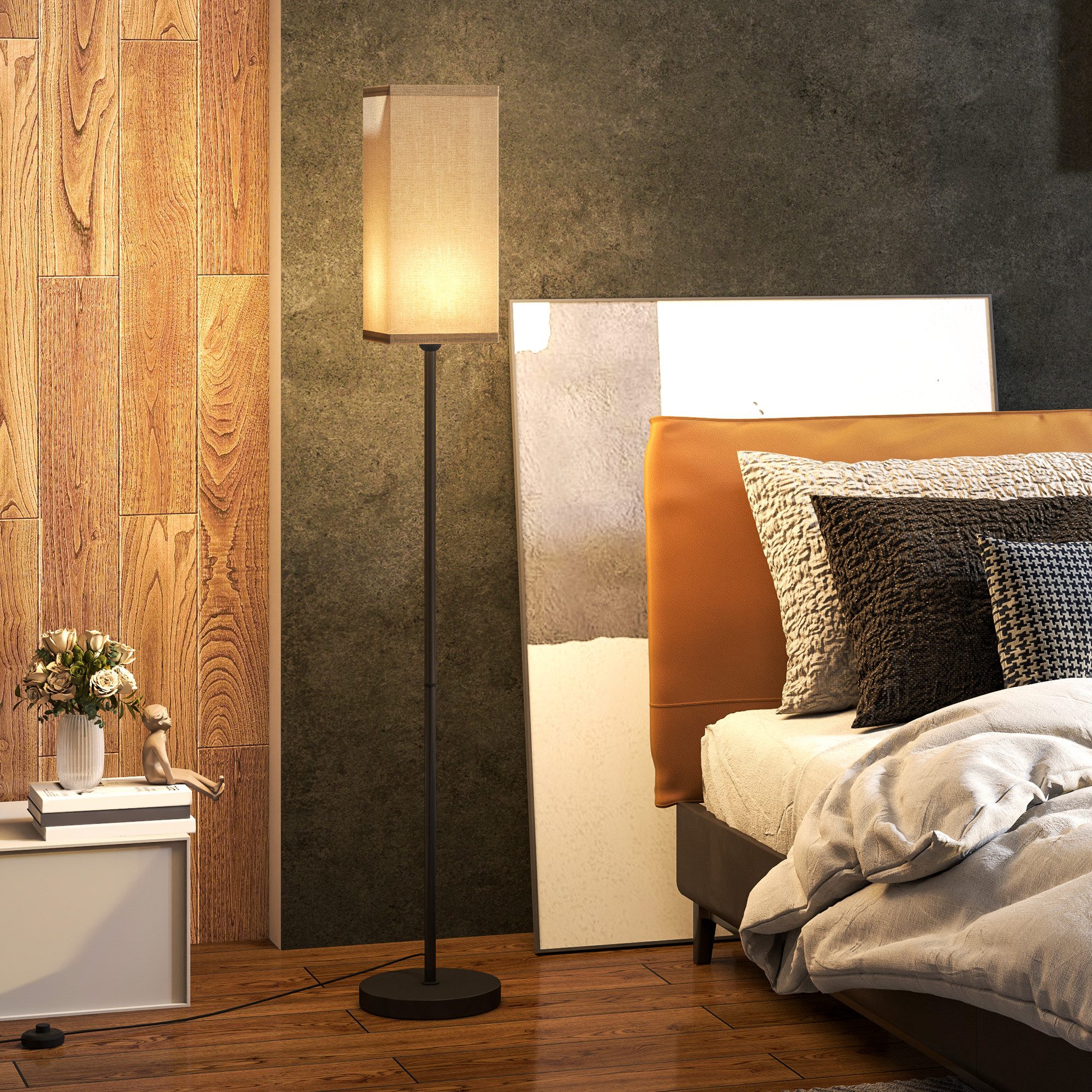 HOMCOM Stehlampe Stehleuchte mit Leinenoptik moderne Standlampe mit Fußschalter, ohne Leuchtmittel, für Wohnzimmer, Schlafzimmer, exkl.Glühbirne, Schwarz