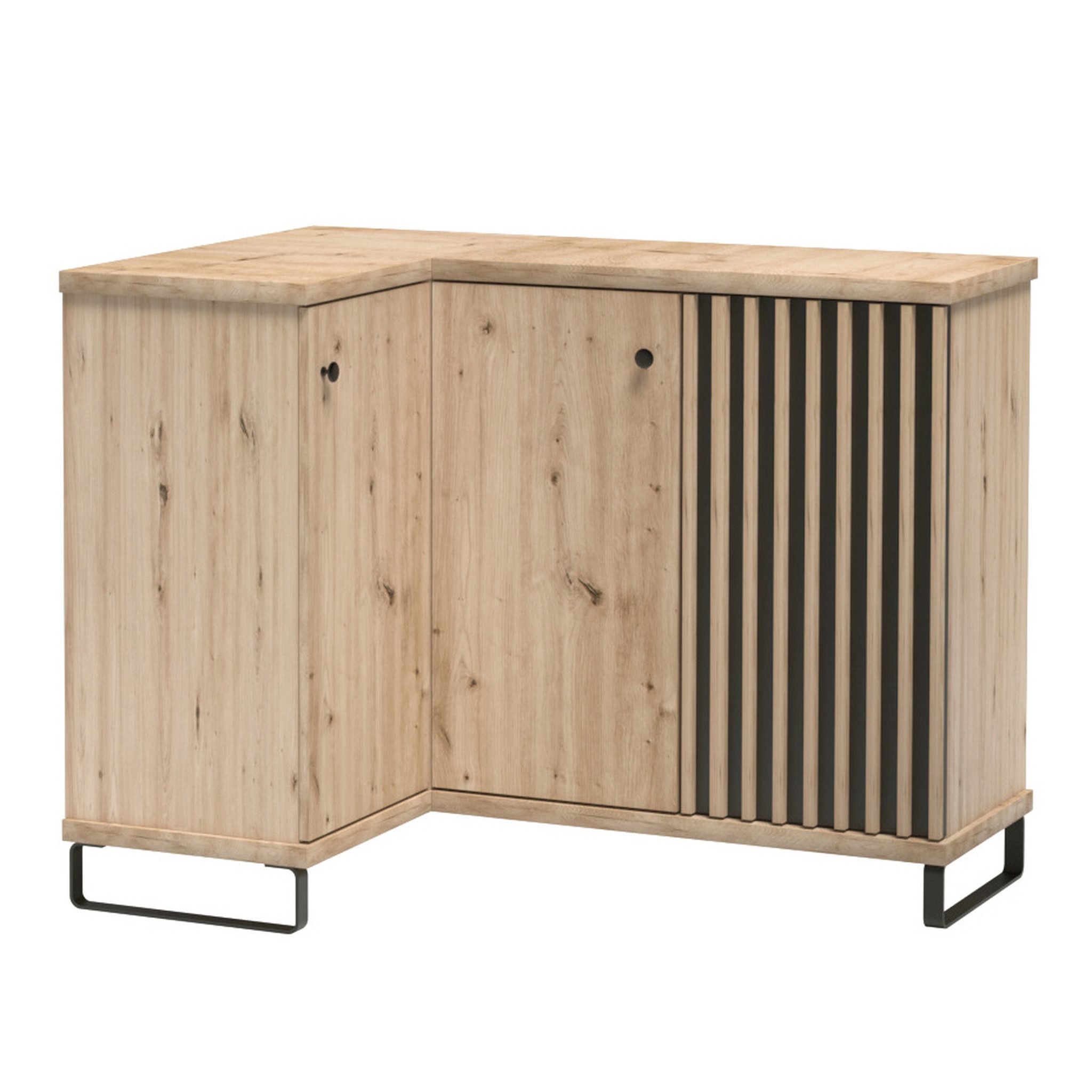 Beautysofa Eckkommode CAYA C‑12, 3 Türen, 2 Innenböden, Artisan Eiche/Schwarz, Soft-Close, optional Metallfüße, Stauraumlösung