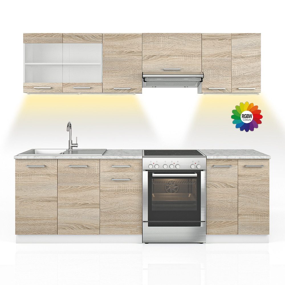 Vicco Küchenzeile Raul, Sonoma/Weiß, 240 cm, AP Marmor mit LED-Leisten