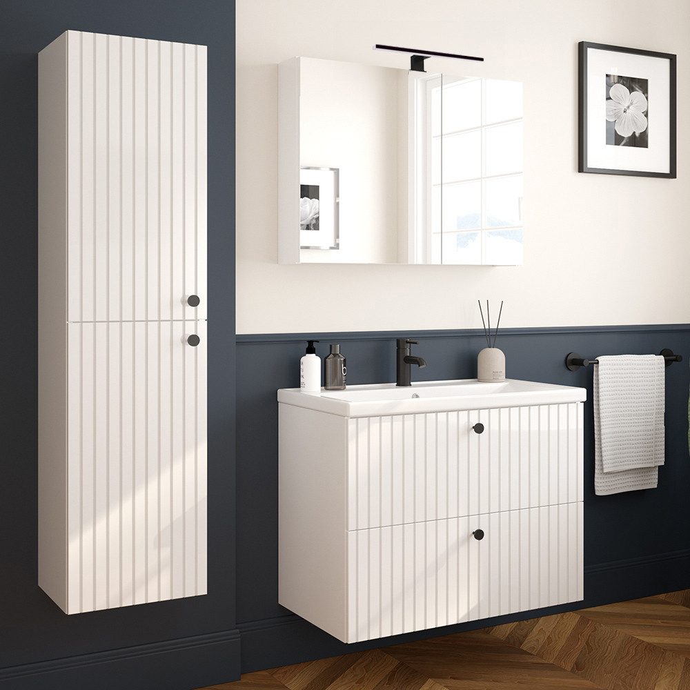 Lomadox Badmöbel-Set RIVA-107, (Spar-Set, 3-St., Waschtisch Spiegelschrank Aufbauleuchte Hochschrank), weiß Hochglanz Waschbecken Unterschrank 80cm Badschrank Beleuchtung