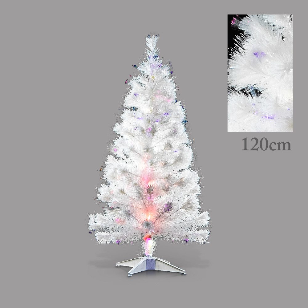 Künstlicher Weihnachtsbaum weiß flauschig 120 cm LED Glasfaser Metallkern klappbar Standfuß, Klappbare Form