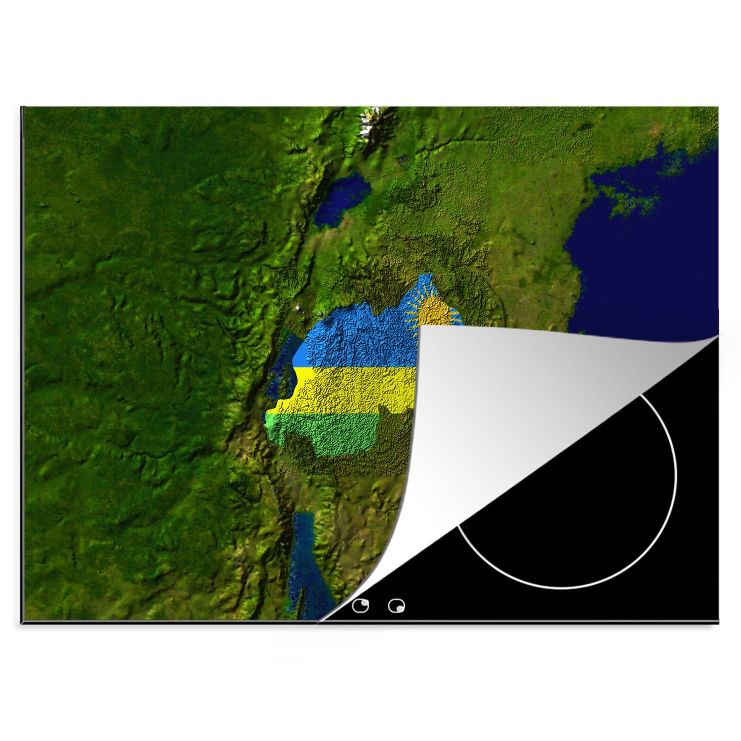 MuchoWow Herdblende-/Abdeckplatte Satellitenbild 70x52 Arbeitsfläche des von Flagge Ruanda darüber, Mobile tlg), cm, der Ceranfeldabdeckung (1 mit nutzbar, Landes Vinyl