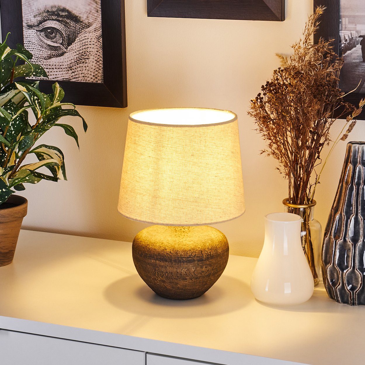 Tischleuchte Lese Nacht Tisch Lampen Stoff Keramik Braun Wohn Schlaf Zimmer Raum