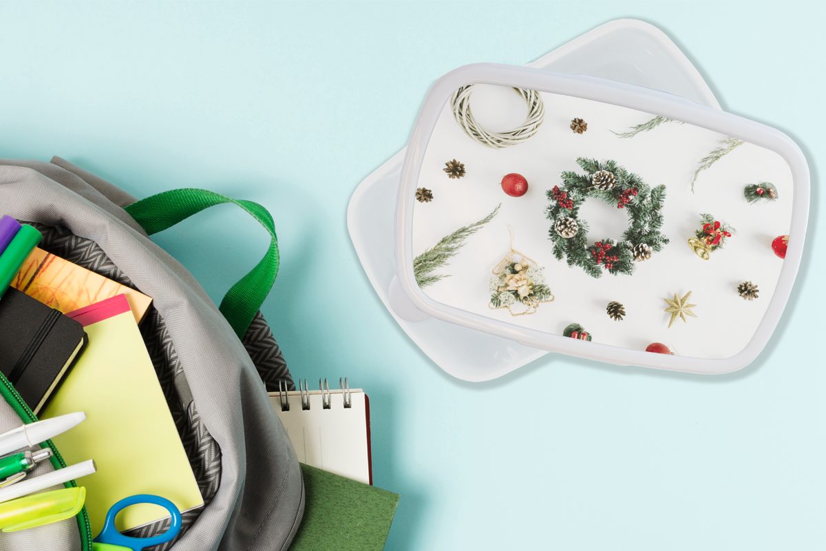 MuchoWow Brotbox Winter Brotdose, für Lunchbox Kinder - für Mädchen und Weihnachten, Erwachsene, (2-tlg), Kunststoff, und Jungs weiß - Kranz