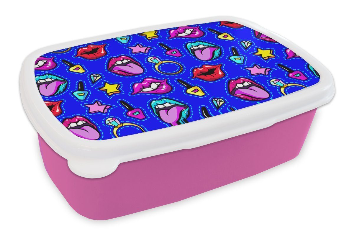 MuchoWow Lunchbox Muster - Popart - Neon - Blau, Kunststoff, (2-tlg), Brotbox für Erwachsene, Brotdose Kinder, Snackbox, Mädchen, Kunststoff rosa