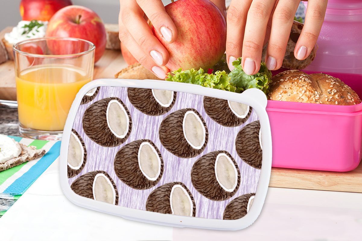 MuchoWow Lunchbox Mädchen, Kokosnuss - rosa - Muster, Kunststoff, Kinder, (2-tlg), Kunststoff Lila Erwachsene, Snackbox, Brotbox für Brotdose