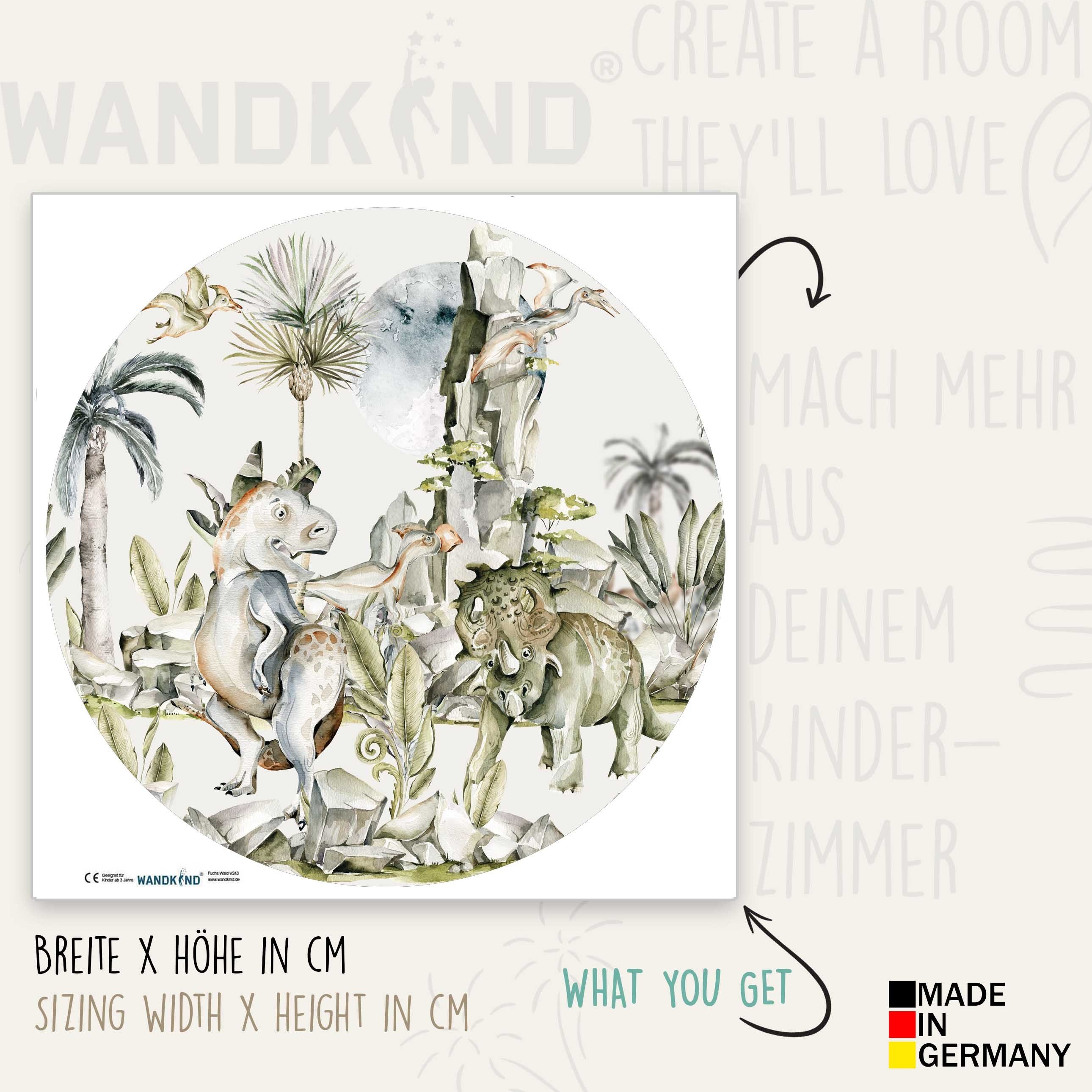 WANDKIND Wandtattoo Dinosaurier Rund V377 (Dino), Wieder ablösbar