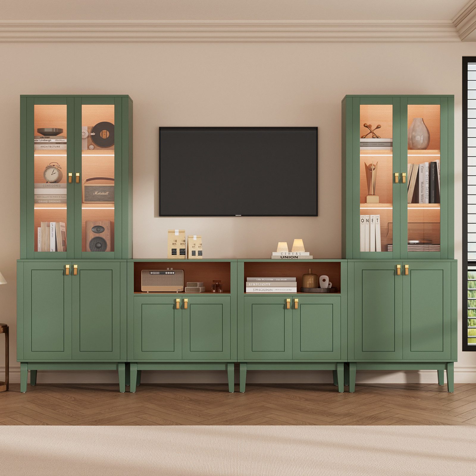 VOWNER TV-Board Set mit Glastüren, LED Fernsehschrank multifunktional (4 St), 4PSC Version: 180cm für TV bis 50 Zoll, Maße 240 x 180 x 40 cm