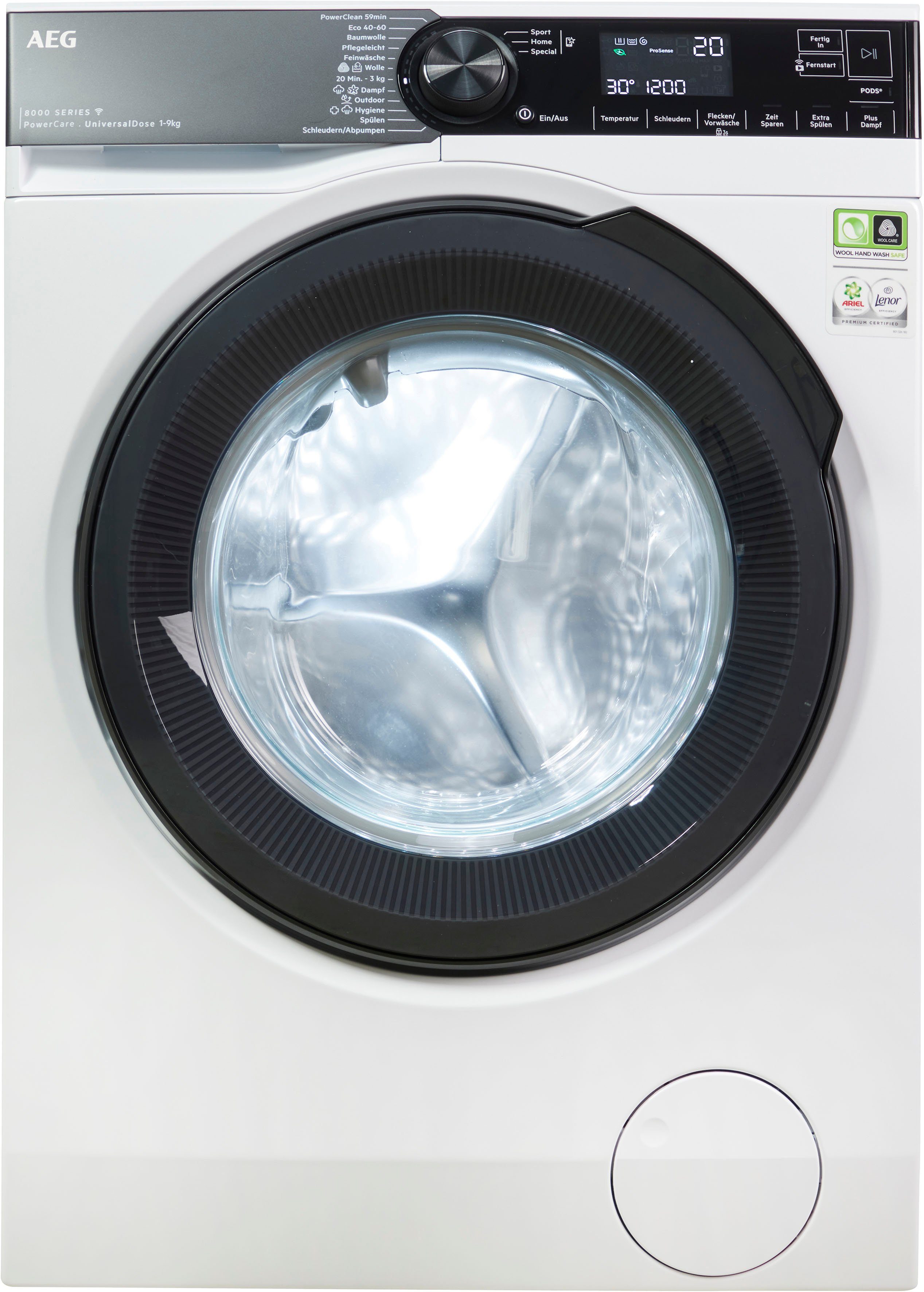 AEG Waschmaschine 8000 PowerCare 30 Fleckenentfernung 9 59 U/min, °C & nur 1400 LR8E75490, kg, - Min. in PowerClean bei Wifi