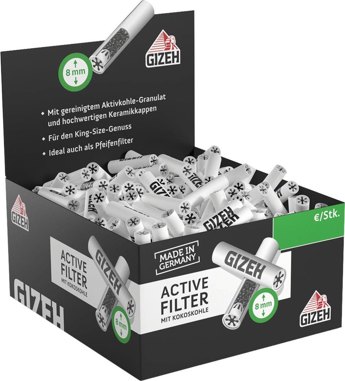 Gizeh Aktivkohlefilter Dreherfilter, Pfeifenfilter Size Ø 8mm Greifbox 200 Stück, inkl. Streichhölzer