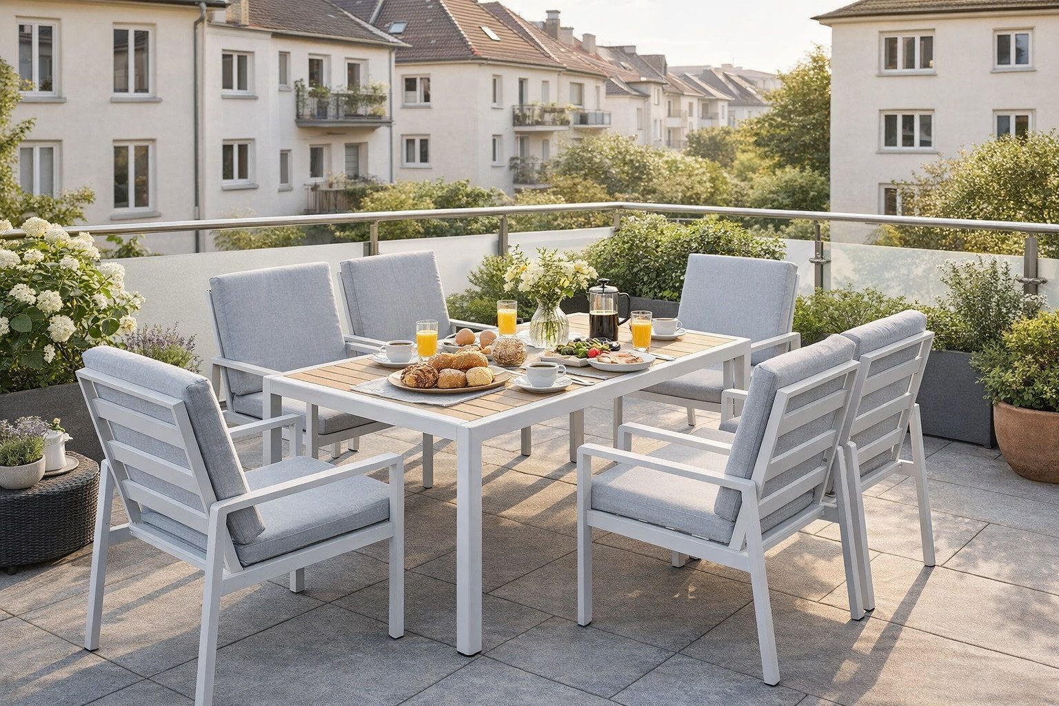 MeXo Gartenlounge-Set Gartenmöbel Set aus Aluminium mit Esstisch, (wetterfest, hoher Sitzkomfort, bis 140 kg belastbar), mit pflegeleichte Polywood-Tischplatte, geeignet für 6 Personen