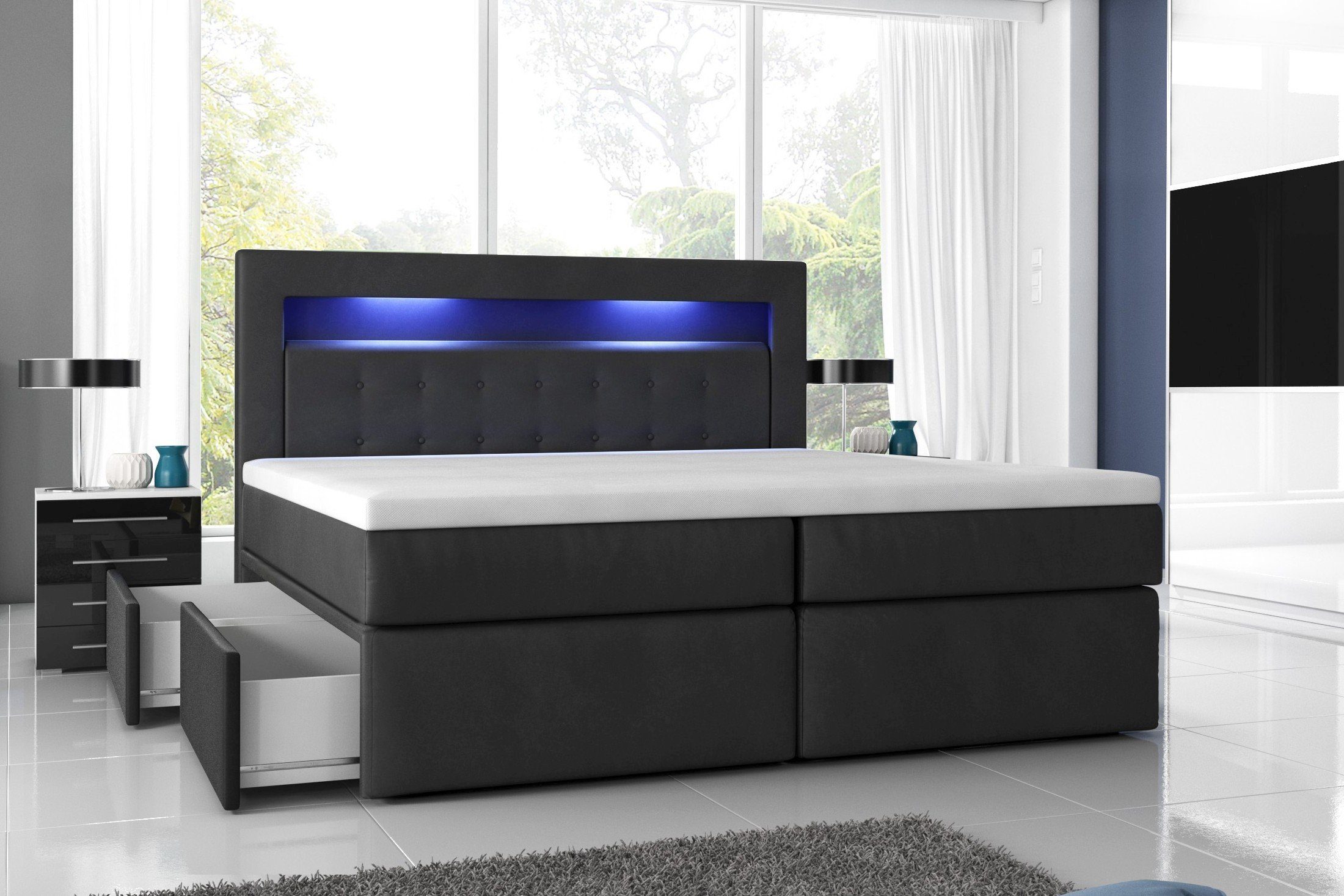 Möbel für Dich Boxspringbett Milano2 mit zwei Schubladen links oder rechts, LED-Licht im Kopfteil, Bezug aus Kunstleder