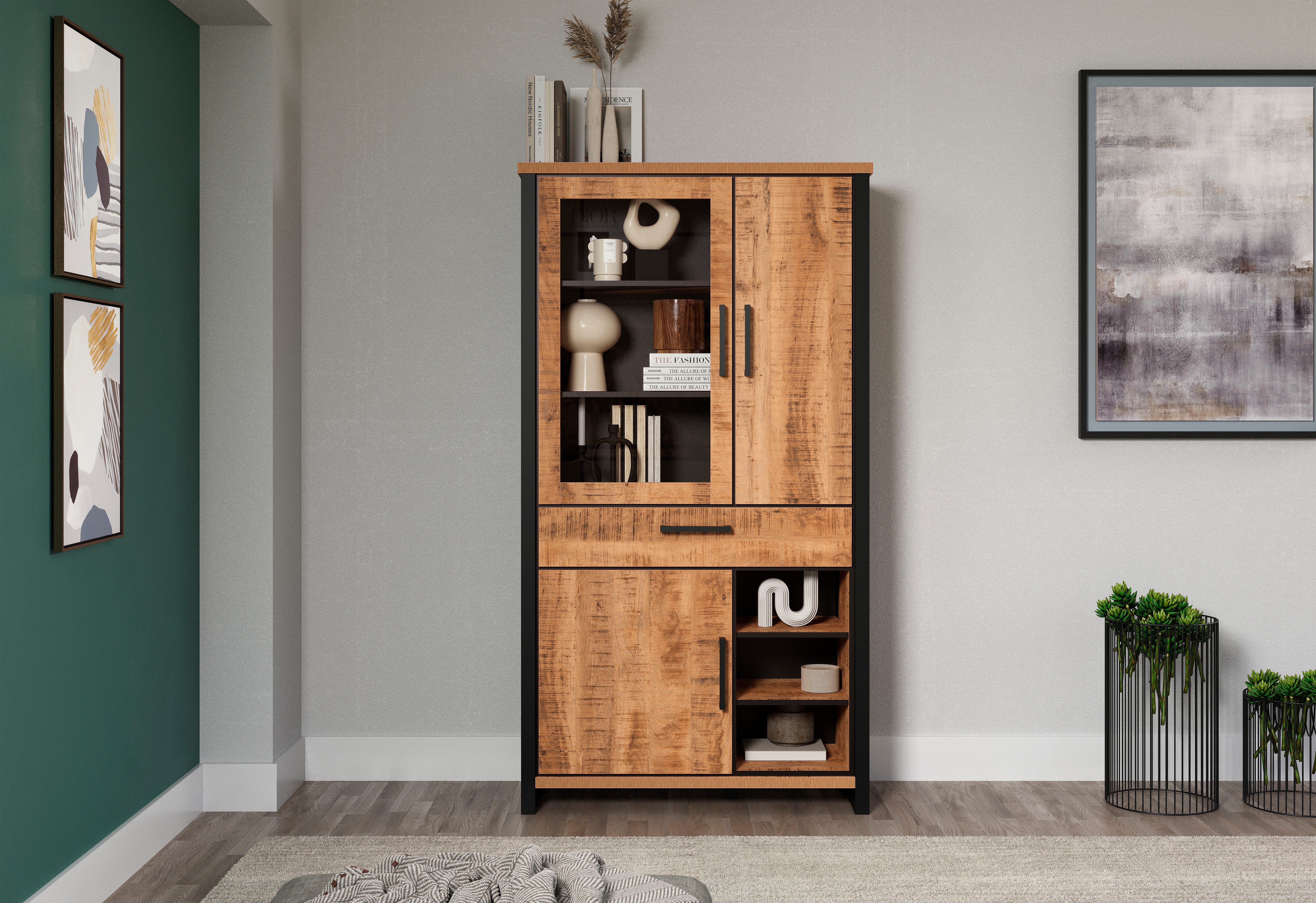 Home affaire Vitrine Elda (1-St) Vitrine mit 3 Türen & 1 Vollauszug Schublade - (B/T/H) 106/45/195 cm