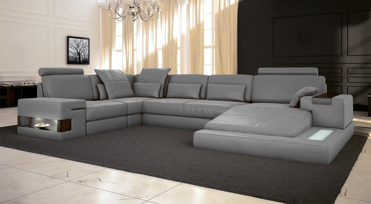 lang JVmoebel Ecksofa, U Ecksofa Wohnlandschaft Polster Grau Couch Leder Sofa Form Design