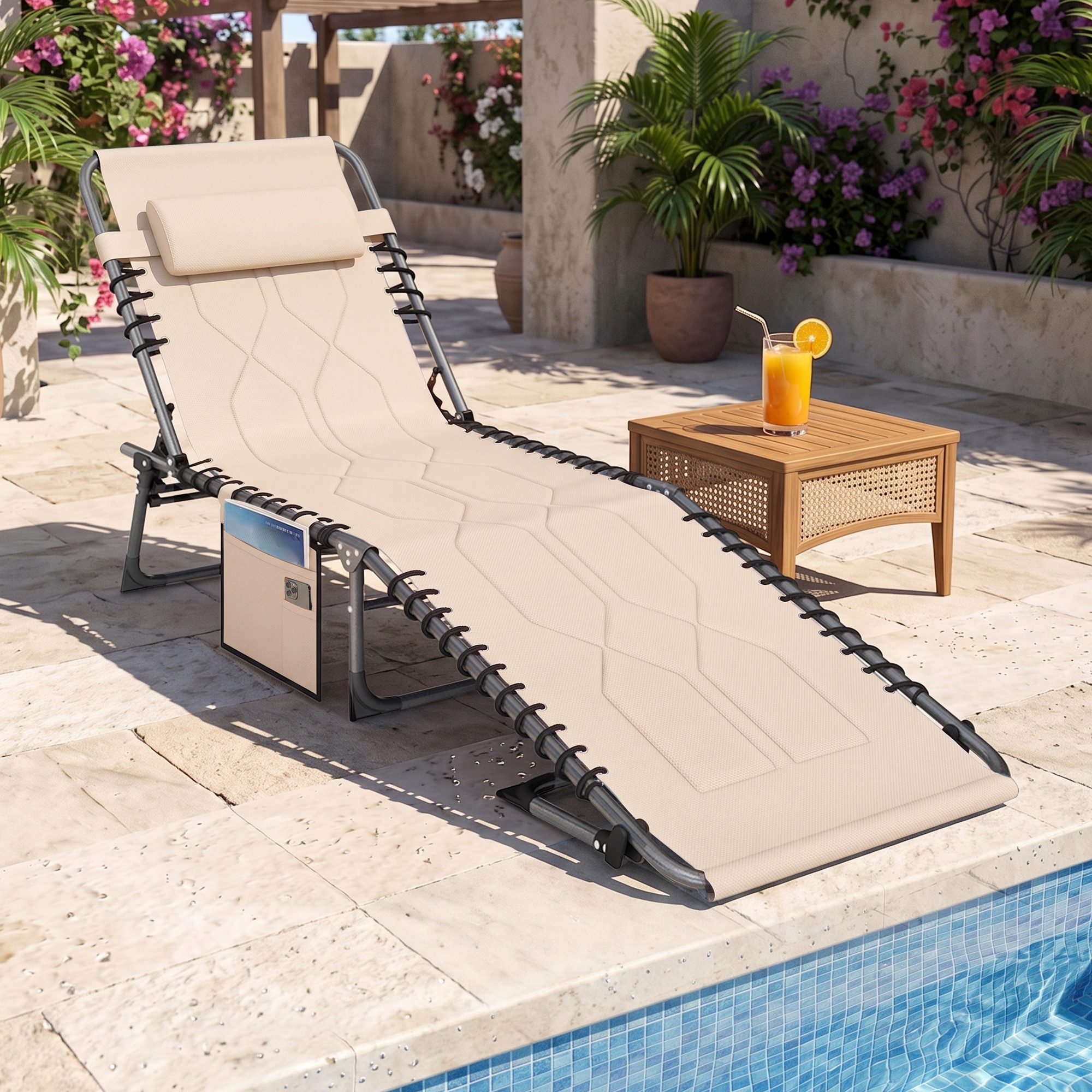 Outsunny Gartenliege mit Kopfkissen, Seitentasche, 5-Fach verstellbare Rückenlehne, Sonnenliege klappbar, 1 St., wetterfeste Liegestuhl, bis 130 kg belastbar, für Garten Strand Pool, Beige