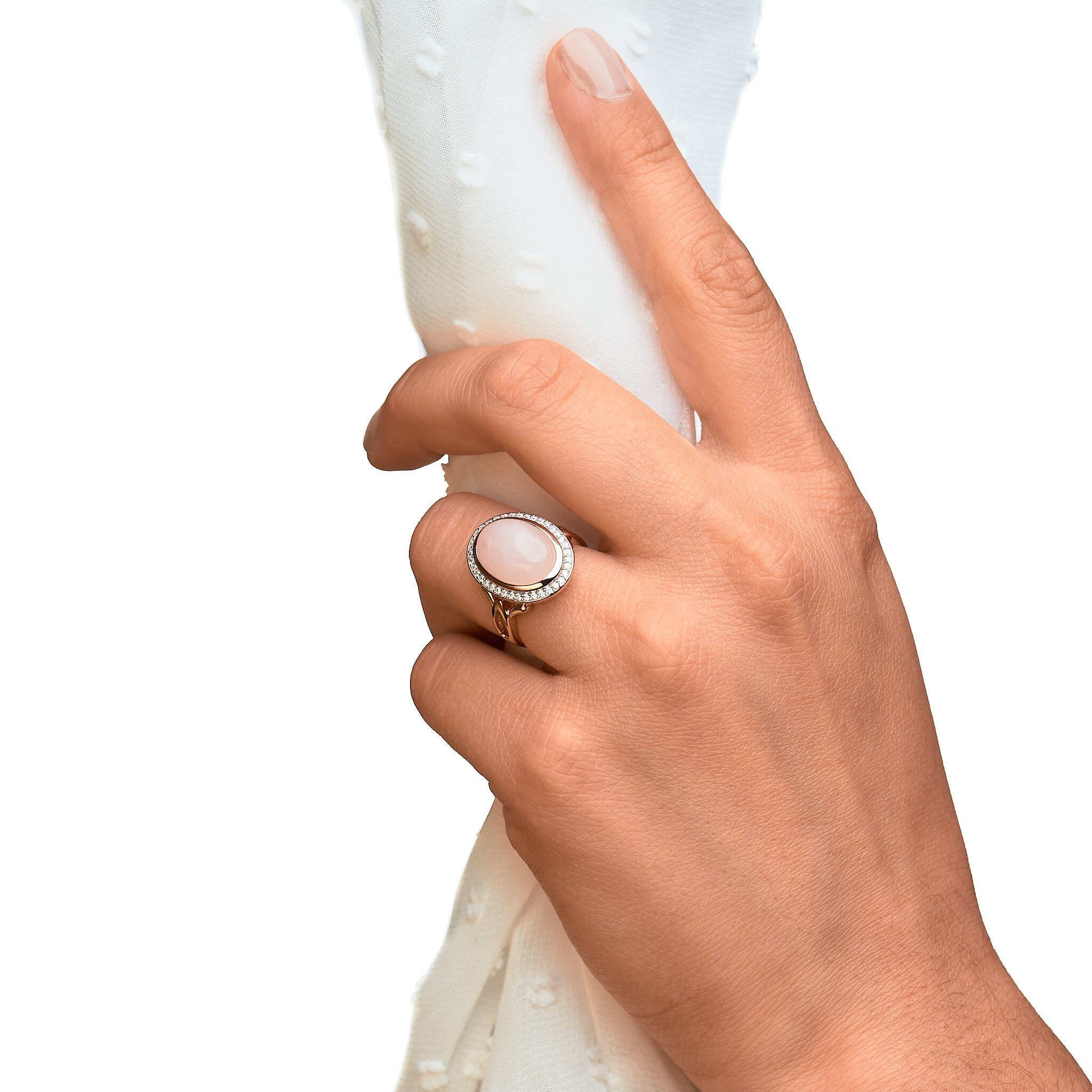 Zeeme Fingerring Silber 925 rosé-vergoldet mit echtem Rosenquarz und Zirkonia