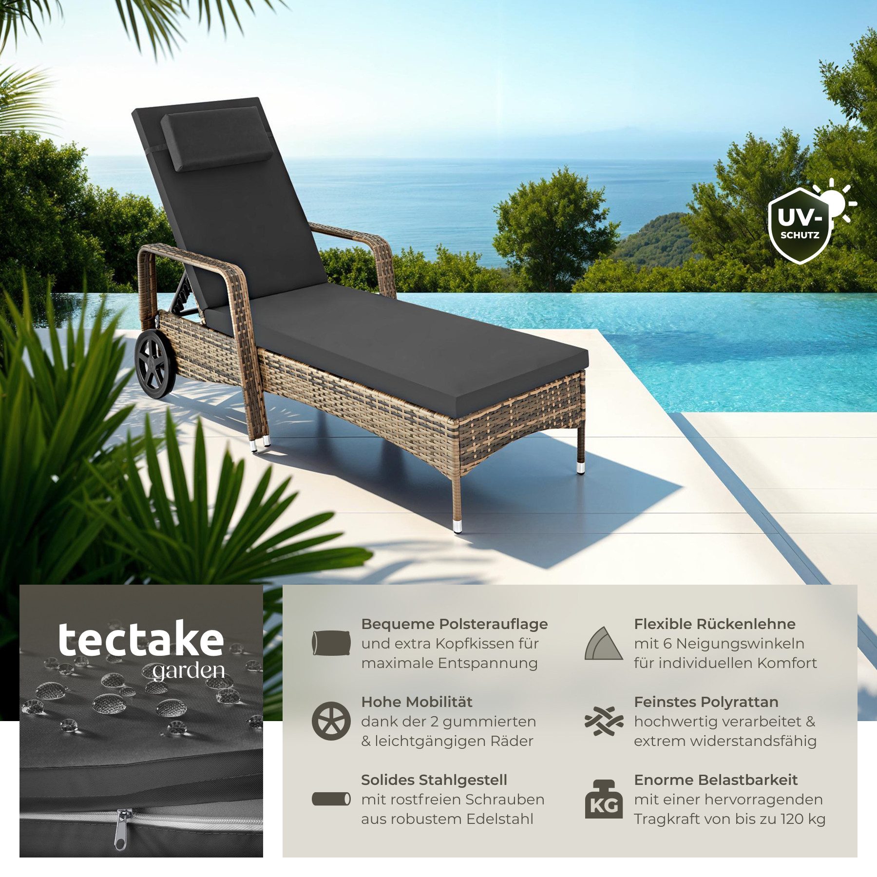 tectake Gartenliege Rattan Sonnenliege, 1 St., günstig online kaufen