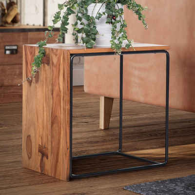 FINEBUY Beistelltisch FB92206 (45x30x45 cm Sheesham Massivholz / Metall Sofatisch), Wohnzimmertisch Modern, Anstelltisch Rechteckig