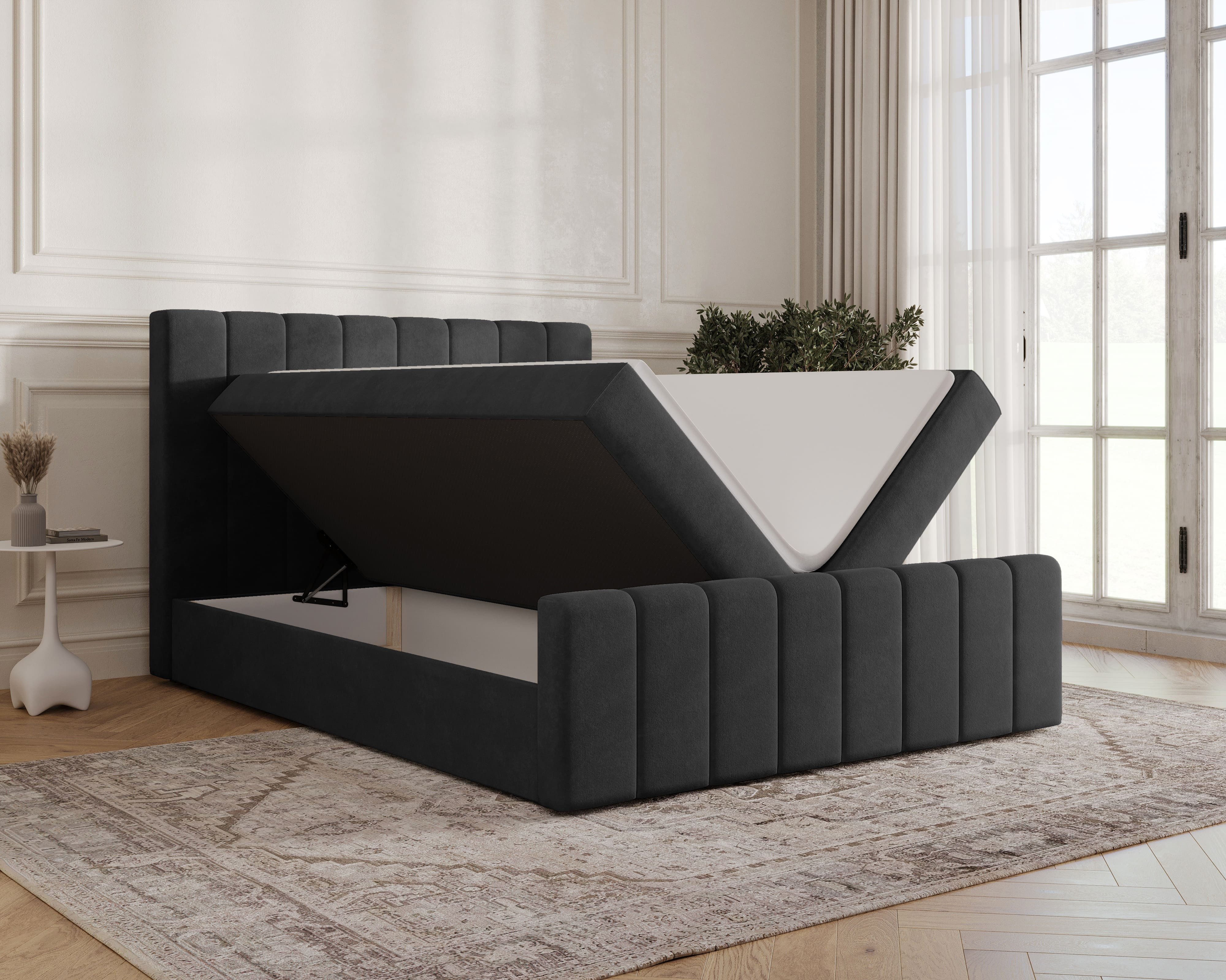 MOEBLO Boxbett BETT 01 BIS (Bonell, Topper, modernes Velours-Design mit Steppung & Stauraum, Doppelbett gepolstertes Kopfteil mit Bettkasten, aus Samt, Polsterbett Kontinentalbett, dekorativem Kopfteil, aus Samt), - (BxHxT):144/164/184x113x223 cm