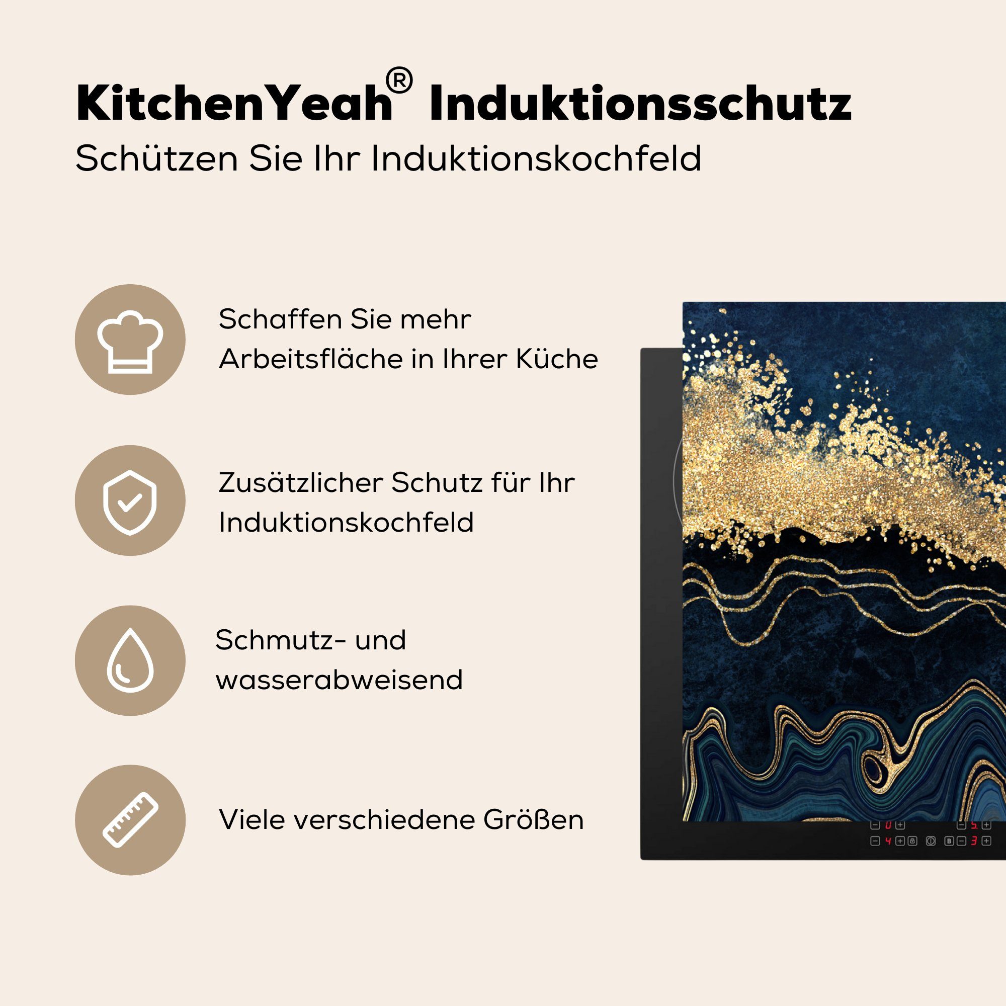 MuchoWow Herdblende-/Abdeckplatte Marmor Illustration, für küche - Textur 83x51 Ceranfeldabdeckung, cm, - (1 - Gold Vinyl, Arbeitsplatte tlg)