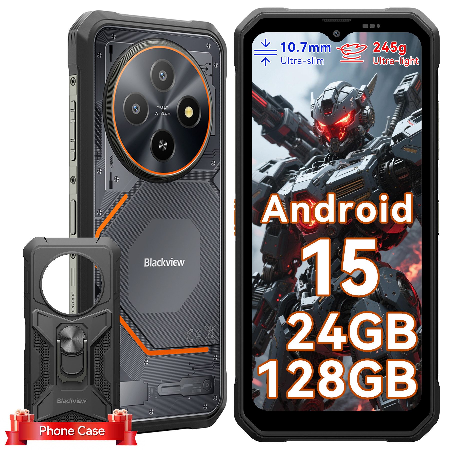 blackview FORT 2 Ultradünnes Robustphone: Nur 10.7mm, AI-Dreifachkamera Smartphone (6.56 Zoll, 128 GB Speicherplatz, DokeOS 5.0, Android 15, 24GB, 16MP, 5W OTG)