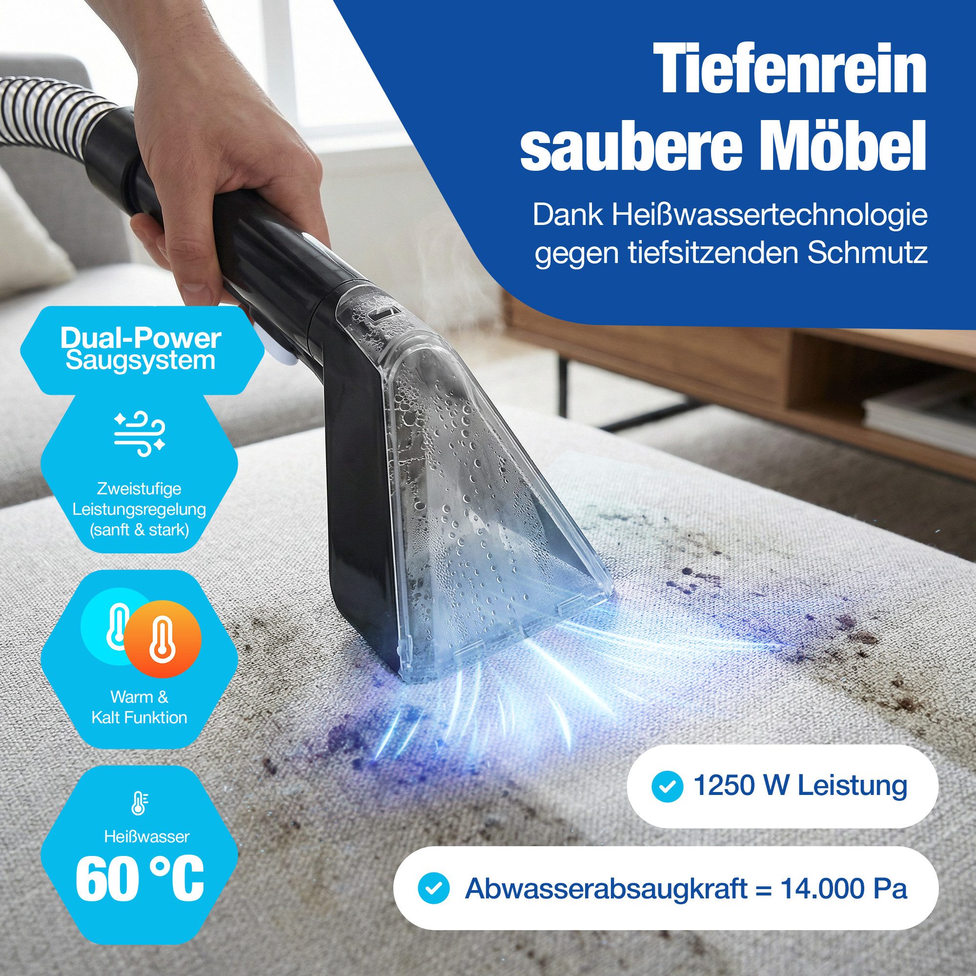NTG Teppichreinigungsgerät, Tragbarer Nass- & Trockensauger, Polsterreiniger Gerät, 550 W, beutellos, Tiefenreinigung bis 60 °C