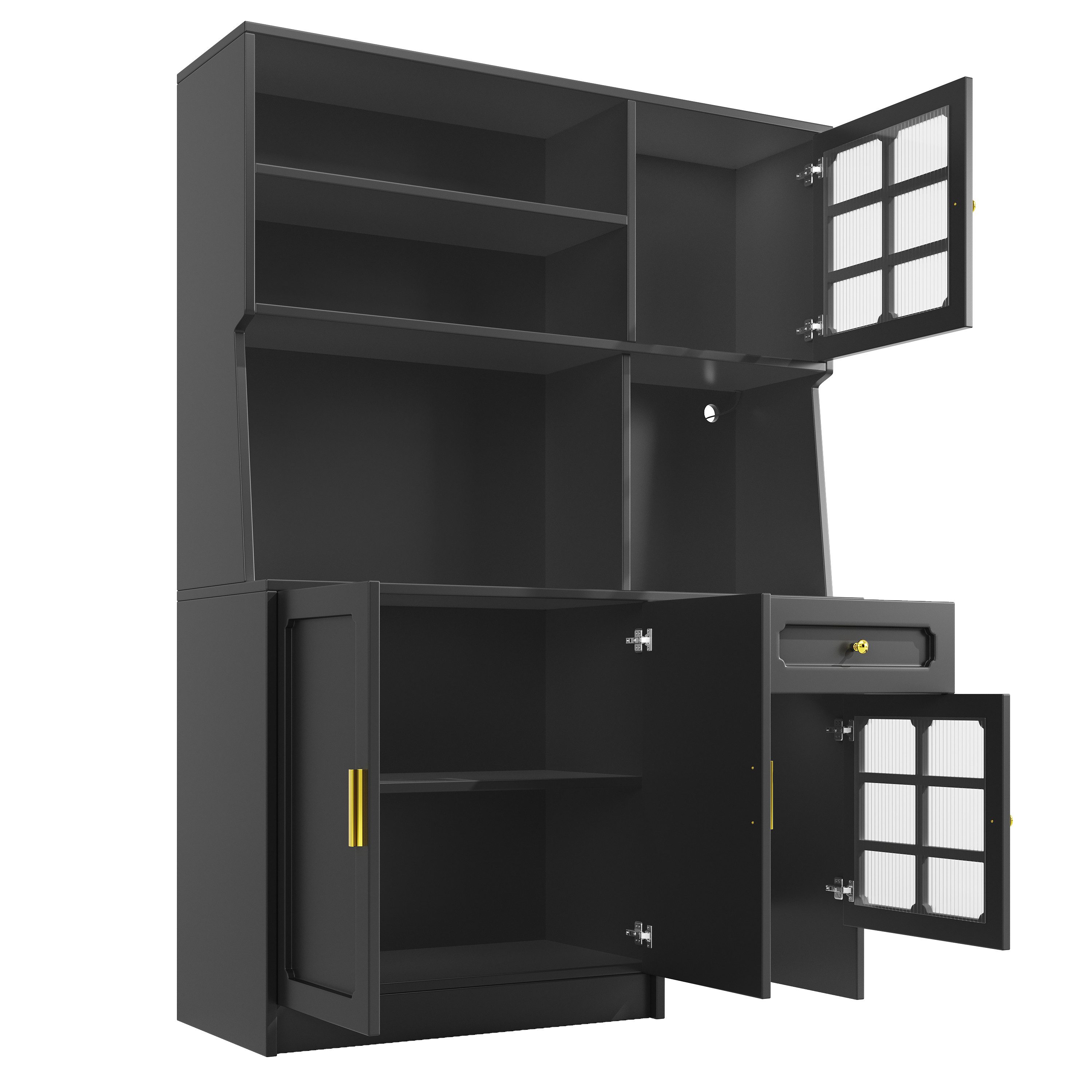 Flieks Küchenbuffet Hochschrank mit LED-Beleuchtung, Schubladen und Glastüren (1-St., B130/T45/H180 cm) Küchenschrank Geschirrschrank Buffetschrank mit Arbeitsp – Bild 4 von 5