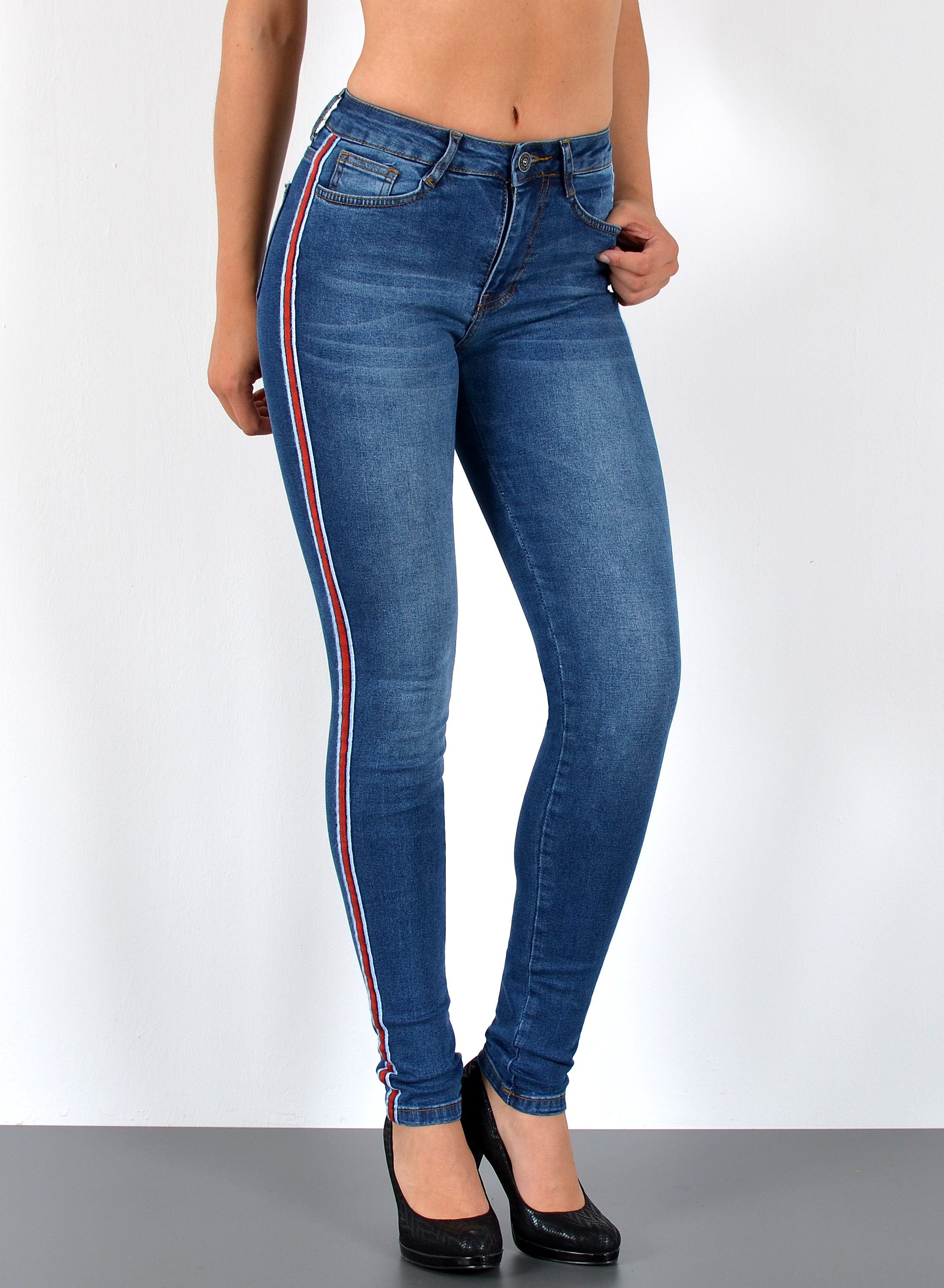 ESRA Skinny-fit-Jeans J330 Damen High Waist Skinny Джинсы mit Streifen, bis Übergröße / Plussize Große Größe, Enge Röhrenjeans mit Galonstreifen hohe Leibhöhe, Damen enge Skinny Hose mit Seitenstreifen und Stretch, Damen Стрейч джинсы Skinny mit weißen Streifen, Damen Skinny Hose rote Streifen