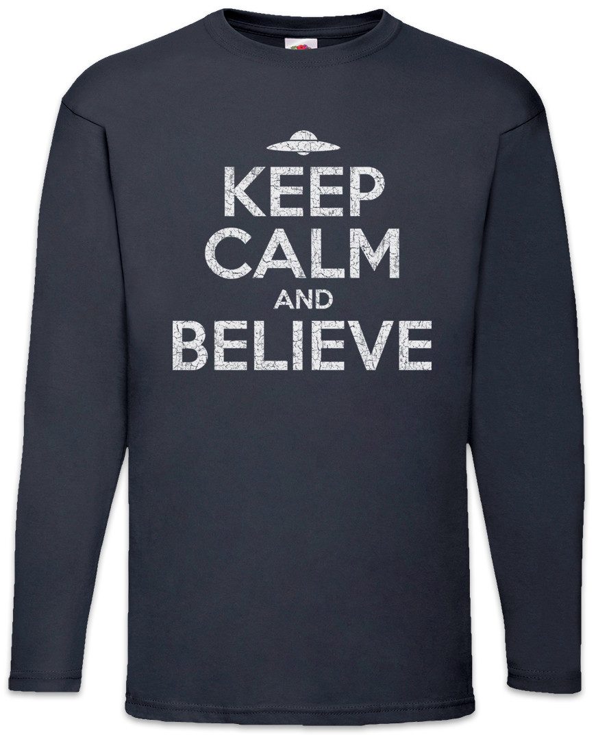 Langarmshirt Keep Calm And Believe Langarm T-Shirt Ufo Alien Sign Zeichen Symbol