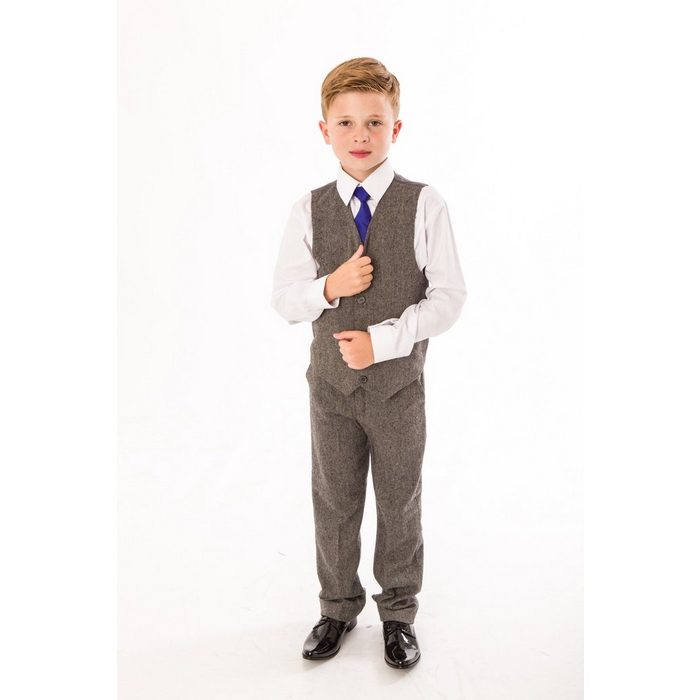 Melli-Trends Kinderanzug Twid Festlicher Jungen Anzug 4-teilig grau (Set: Hose Weste Hemd und Krawatte) Eleganter Look Tweed-Optik