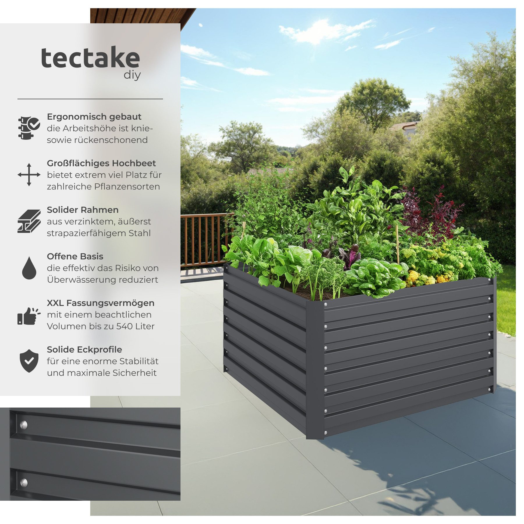tectake Hochbeet Pflanzenkasten Blomma, 540l, verzinkt, 100x100x56cm, aus v günstig online kaufen