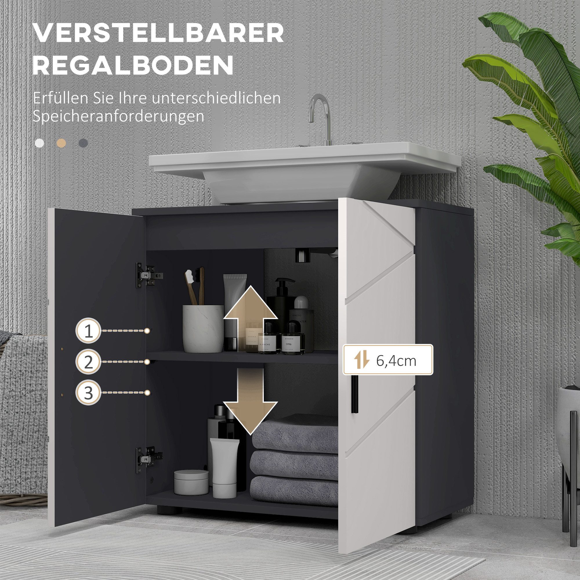 Kleankin Waschbeckenunterschrank mit Verstellbarer Ablage, Waschtischunterschrank mit Griff, (Unterschrank, 1-St., Badunterschrank) mit Kippschutz, Grau, 60 x 3 – Bild 5 von 5