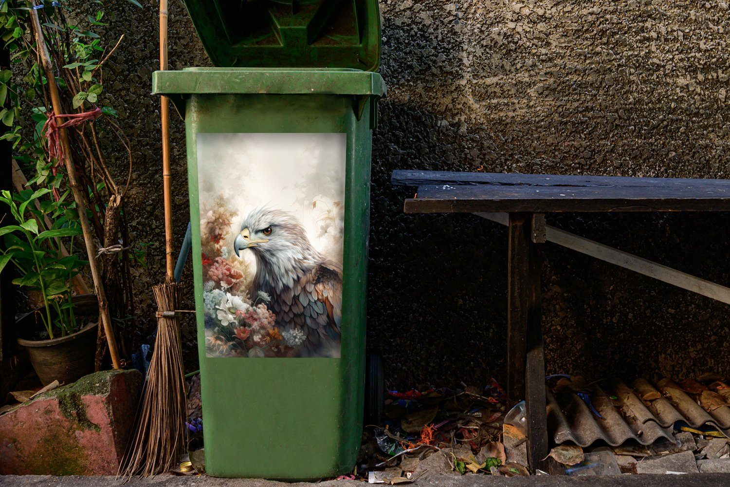 - Container, Natur Blumen Sticker, Adler Wandsticker Mülltonne, St), Abfalbehälter MuchoWow - Adler - Vogel (1 Mülleimer-aufkleber, -