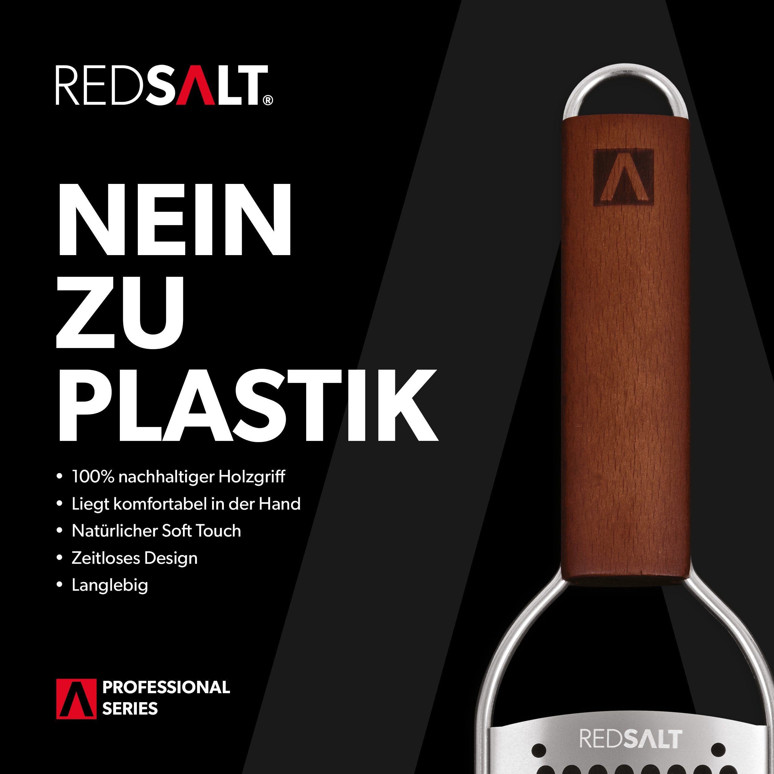 REDSALT® Küchenreibe Parmesanreibe mit Holzgriff rasiermesserscharf, Julienne Reibe, Feine rostfreie Edelstahl Klinge in INOX 18/10 Qualität