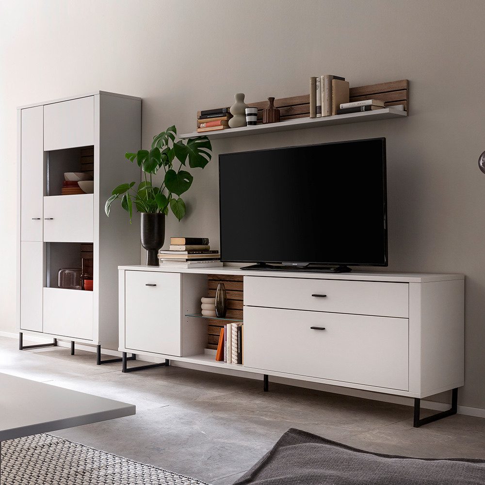 Lomadox Wohnwand LAUREANA-05, (3-St., Vitrine Wandboard Lowboard), Schrankwand Anbauwand, weiß mit Eiche