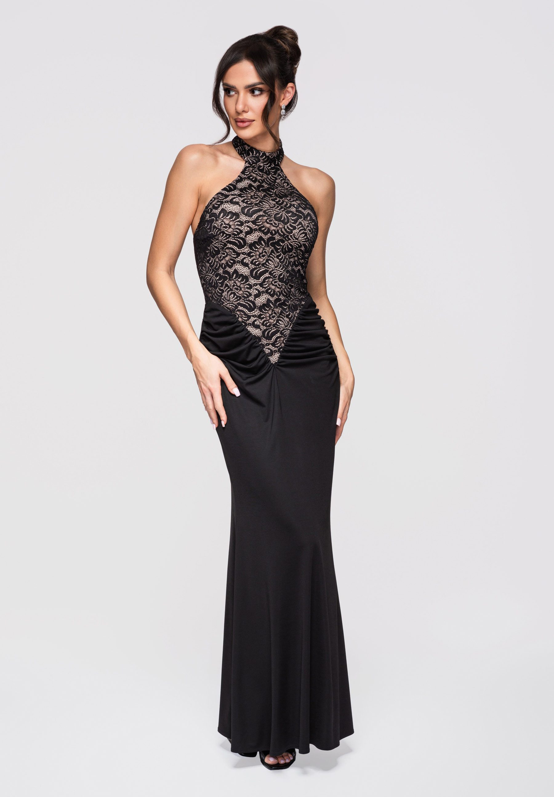OMBRE Abendkleid Maxikleid Abendkleid mit Spitze Elegant Schwarz L (kein Set, 1-tlg) Koronkowy panel, geraffter Hüftbereich, offene Schultern und Rücken