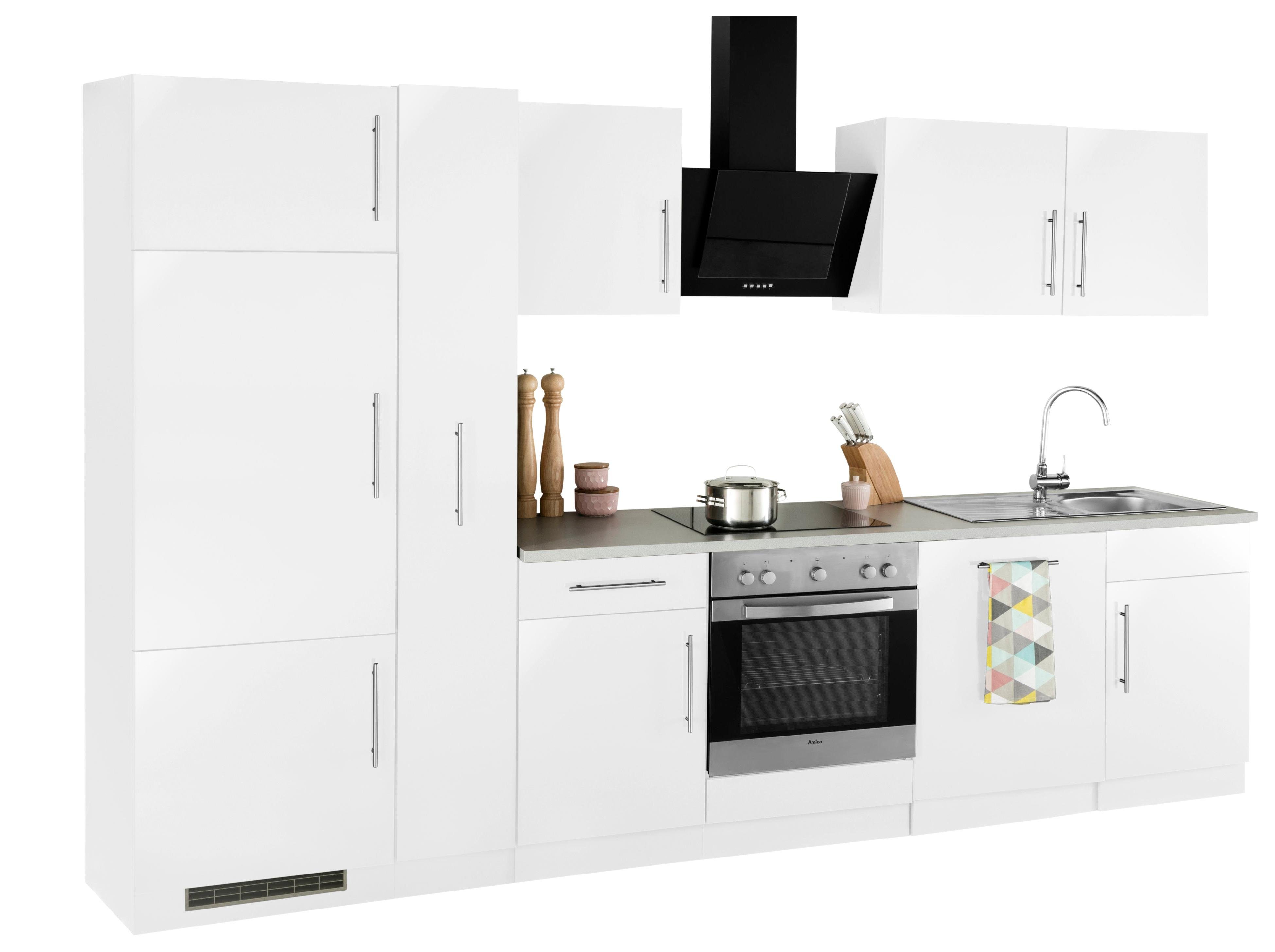 Korpus: Küchenzeile 310 Playa cm Weiß Küchen Arbeitsplatte | wiho weiß, matt weiß Glanz, Breite E-Geräten, mit Cali, Front: Grau