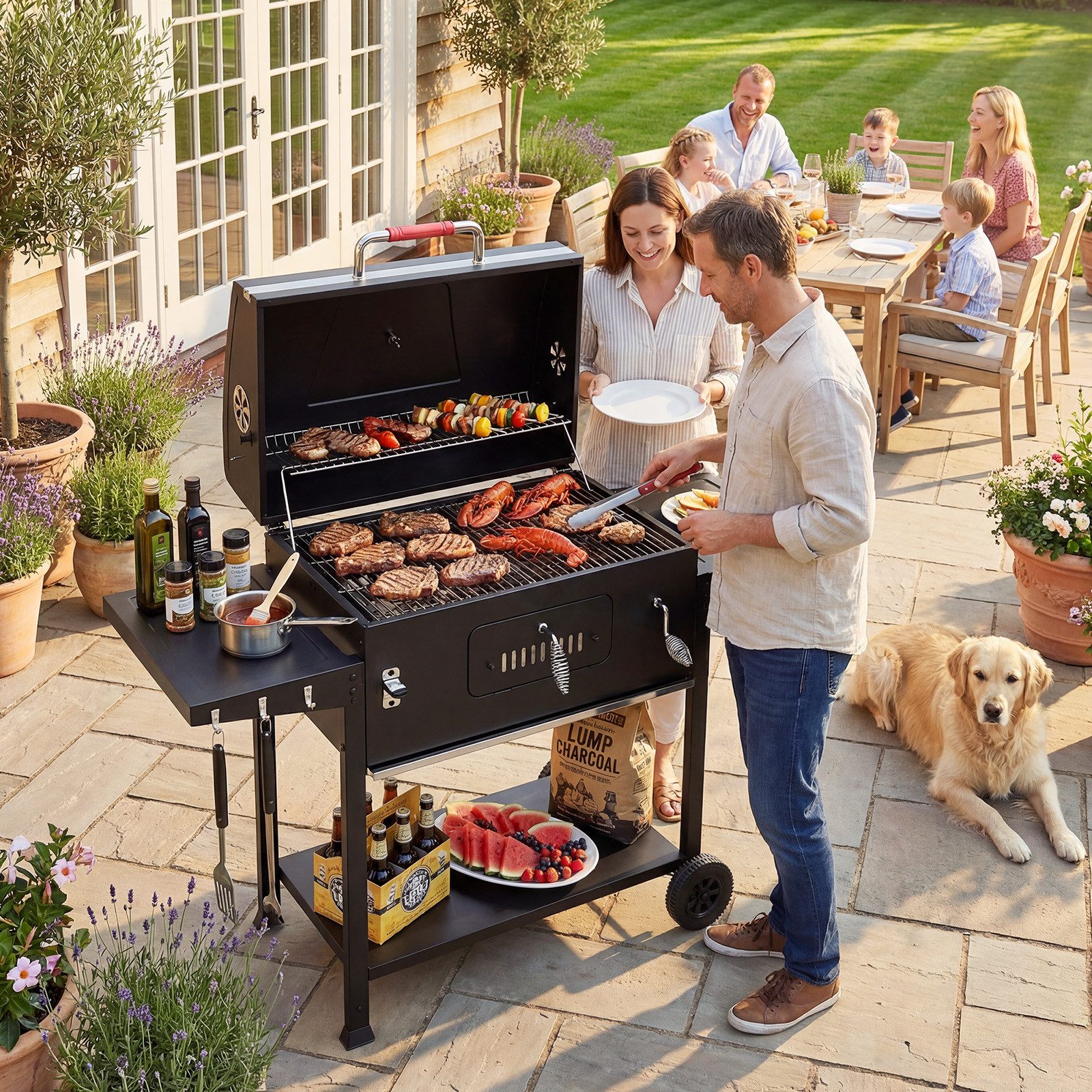 GUNJI Holzkohlegrill XXL Grill Holzkohle Smoker mit Thermometer, klappbare Ablagen & Rädern, Gartengrill mobiler Grill Outdoor Grill, Doppel-Seitenablagen, Grillfläche:71 x 43 cm für 8-12 Personen