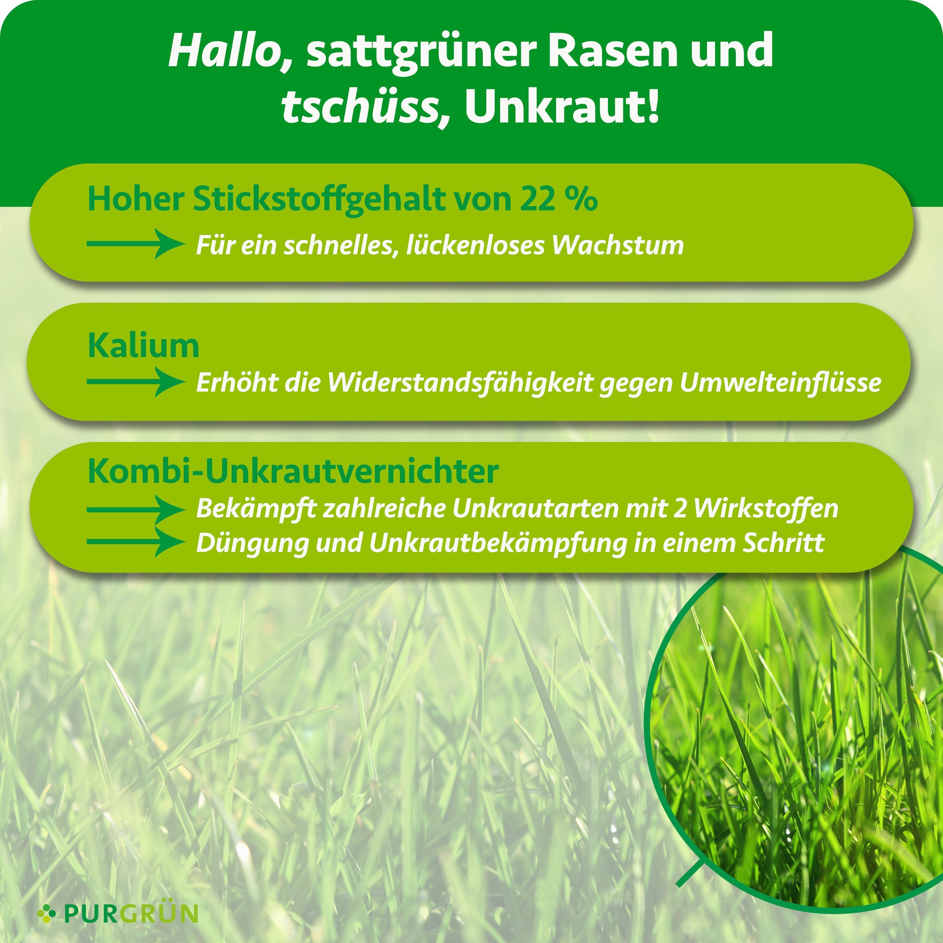 Purgrün Rasendünger Rasendünger mit Unkrautvernichter, NPK 22+5+5, 5 kg, Granulat, 1-St., 5 kg