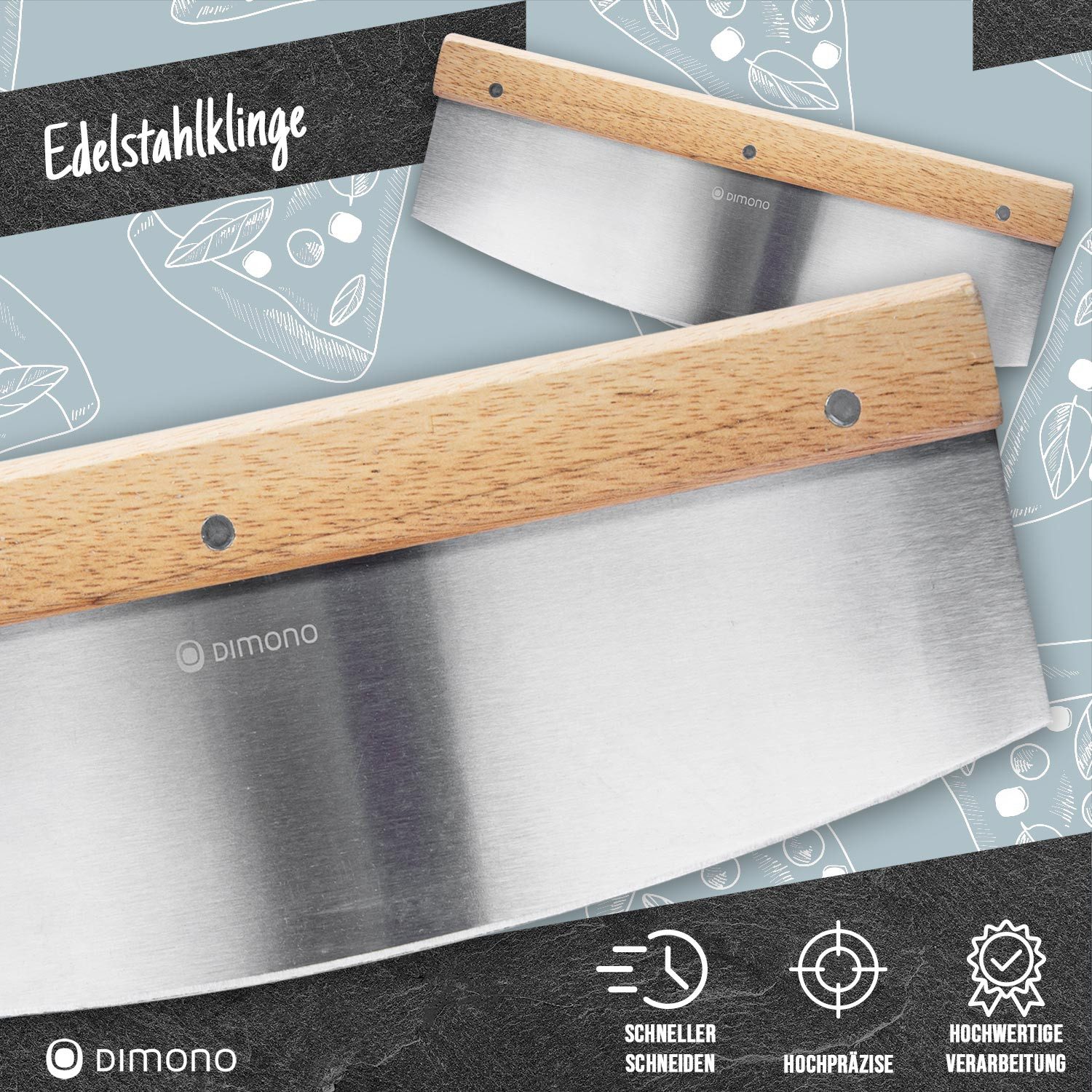 Dimono Pizzamesser DIMONO Profi Pizzamesser mit Holzgriff – Edelstahl Pizzaschneider Kräuter-Schneider Cutter mit Holz-Griff