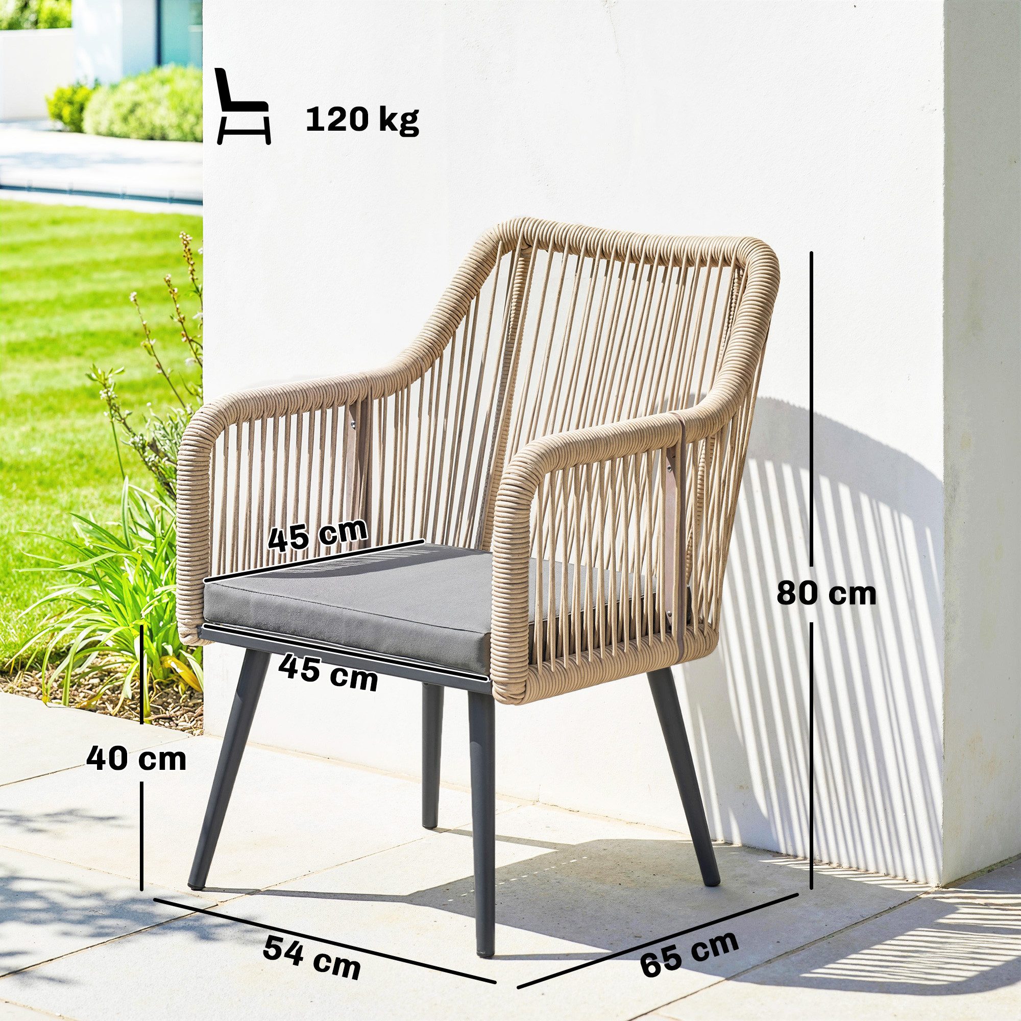 Outsunny Gartenstuhl Terrassenstuhl mit Armlehne Sitzkissen bis 120 kg belastbar (Gartenstühle, 2 St), für Hinterhof Garten Balkon Hellgrau