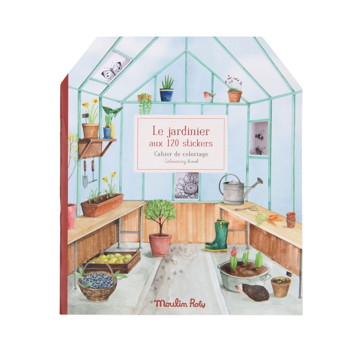 Moulin Roty Malvorlage Mal- und Stickerbuch "Gärtner" für kreative Kinder zum Ausmalen (Set), Mal- und Stickerbuch