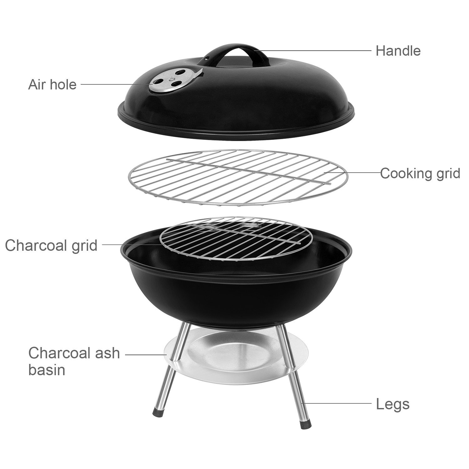 SunJas Holzkohlegrill Kugelgrill Campinggrill CA-60 mit Luftventilen Deckel und Rädern, Ø36,6cm Geeignet für 3-5 Personen, BBQ Grills XL Standgrill Grillwagen Rundgrill kohlegrill