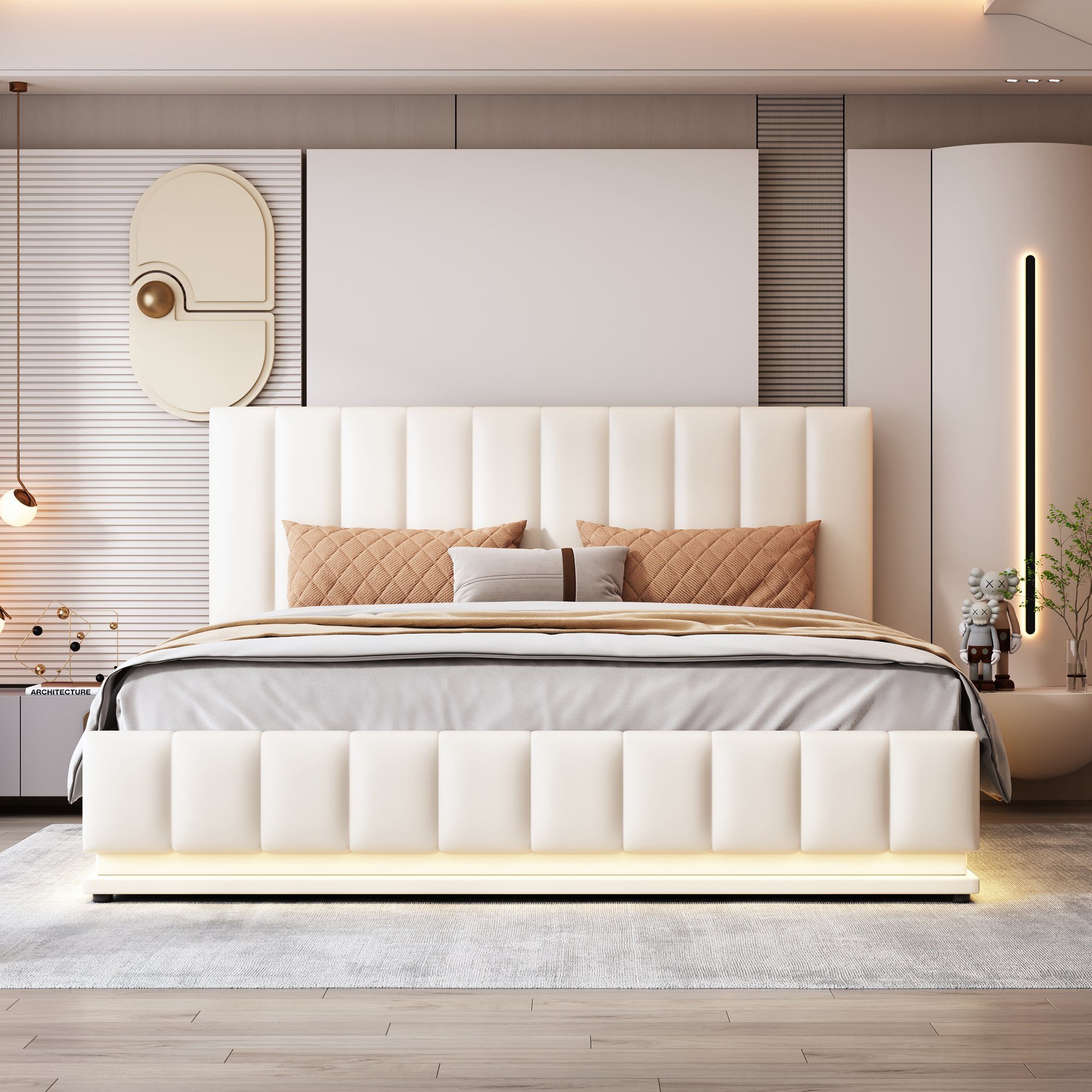 Boxspringbett (LED Hydraulisches Bett mit Bettkasten und Lattenrost), Polsterbett Stauraumbett 160x200 cm, Kunstleder