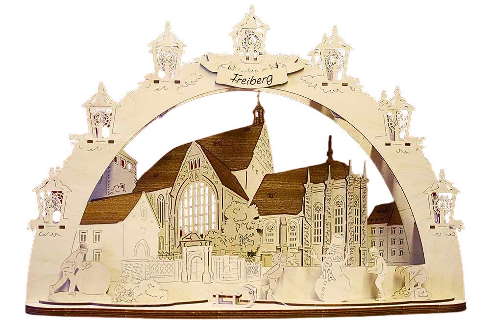 DeColibri LED Schwibbogen 3D LED Schwibbogen Freiberg Dom, Freiberger Dom -Holzkunst - Netzkabel, Holzkunst aus Sachsen, beleuchtet