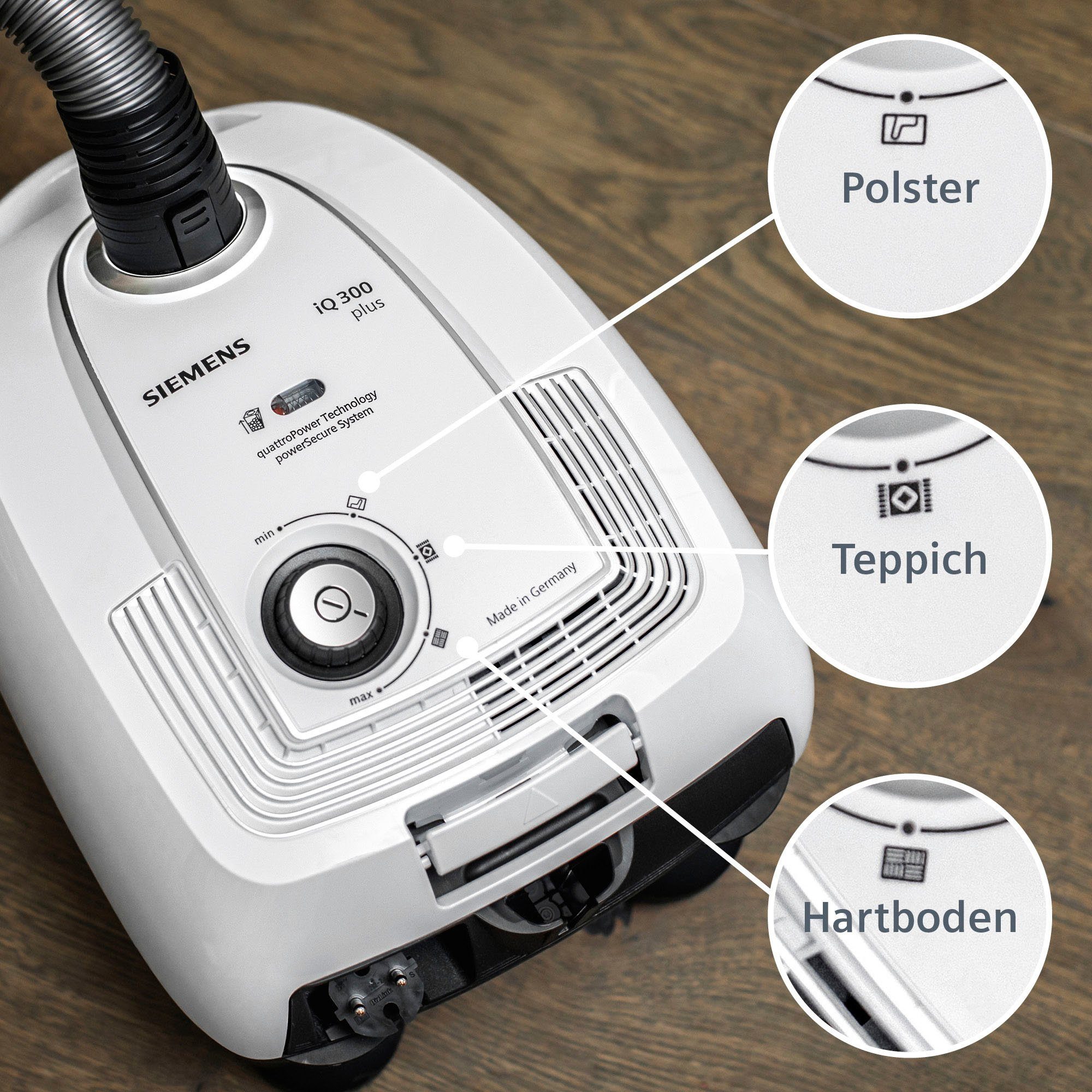 SIEMENS Bodenstaubsauger iQ300 plus VSP3T212, Made in Germany, Hygiene-Filter, kompakt, 900 W, mit Beutel, für Hartboden/Teppich, Turbodüse, XXL-Polsterdüse, la – Bild 2 von 5